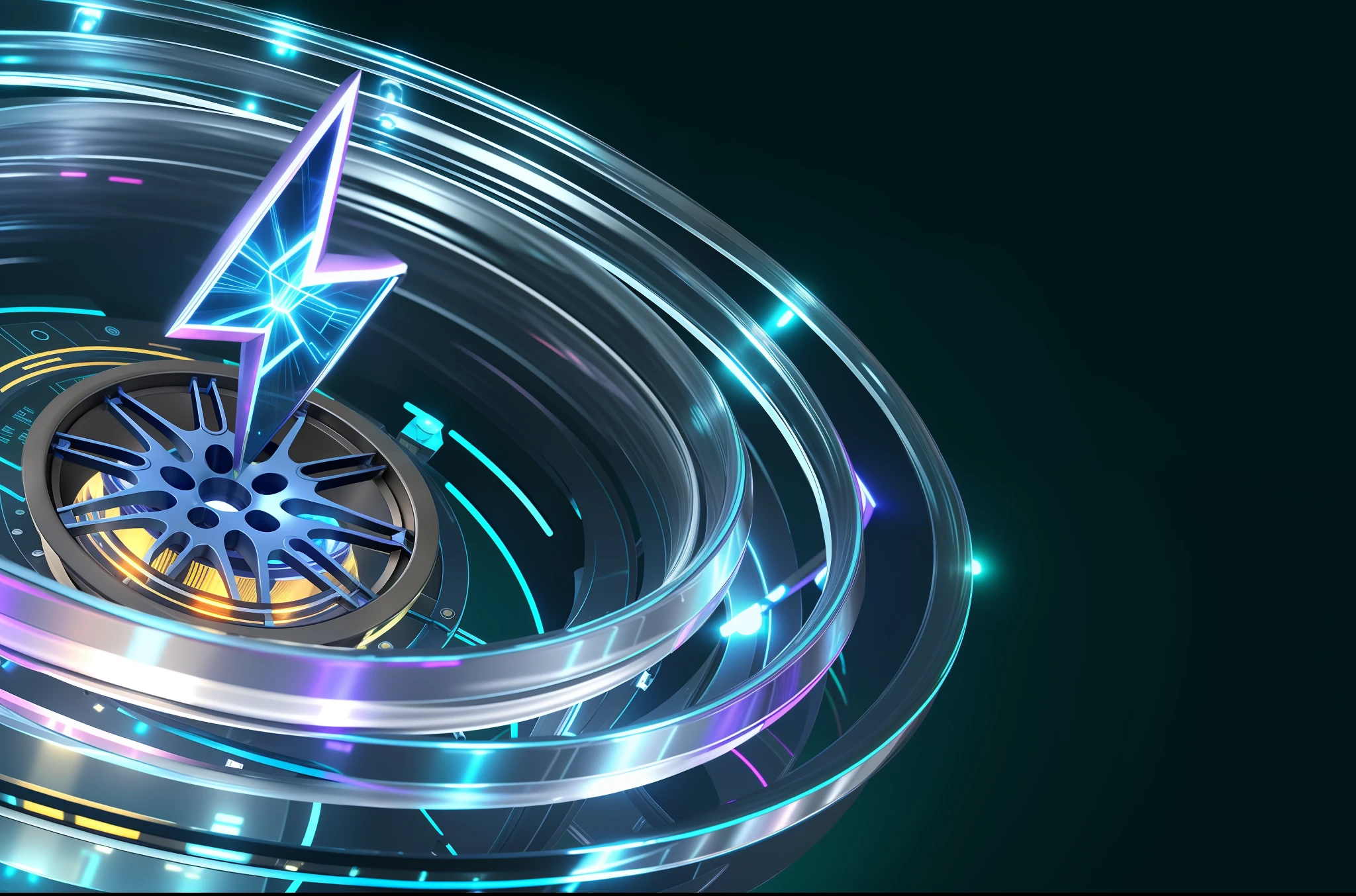 Glass ring close-up with a lot of lights, futuristic ring texture, futuristic light sense, 4K punk wallpaper, amazing wallpaper, 4K HD illustration wallpaper, sci-fi night scene, futuristic portal, digital artwork 4k, sci-fi fantasy desktop wallpaper, futuristic digital art, ring body, teal series, lightning shape clear and clear, glowing contour lightning bolt shape, texture, three-dimensional, ring texture detail