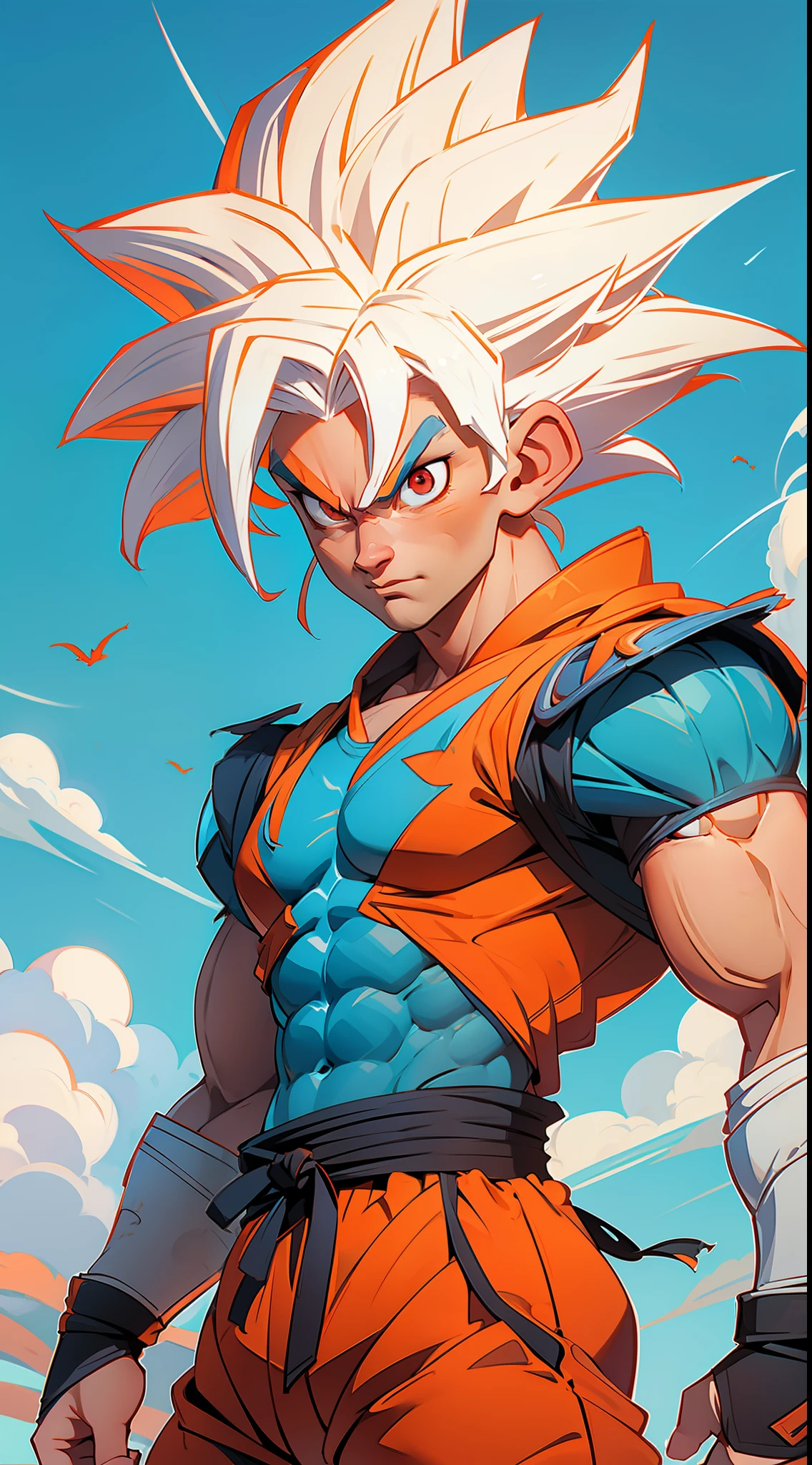 goku dragon ball bodybuilder, beautiful face, serious face, white hair, red eyes, perfect body, fit body, abs, muscular,blue and orange armor