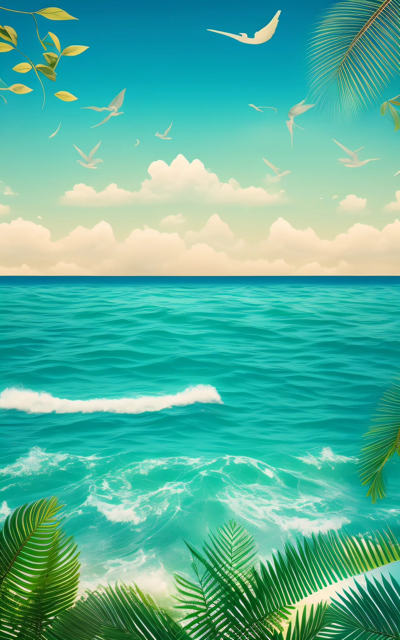 Summer, background, poster, most of the sea in the middle of the picture, very little green leaf embellishment, blue, promotional baseplate