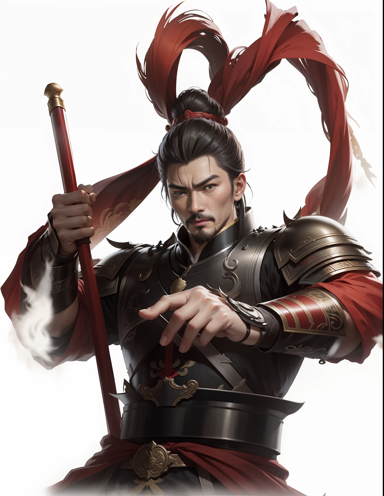 In the Romance of the Three Kingdoms, Lü Bu image, man, tall and powerful, raised eyebrows, sharp eyes, battle robe, strong, golden armor, highest quality, high resolution, high detail, domineering and mighty --auto --s2