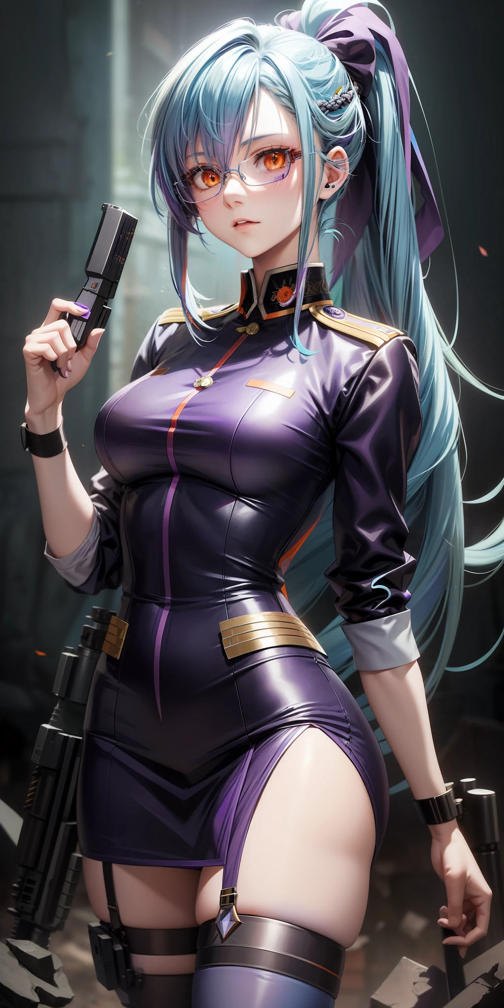 (((anime))),((animation)),game cg,in code geass style,(ponytail),messy hair,(light blue hair:1.4),(purple colored inner hair:1.5),(Orange eyes:1.4),beautiful detailed eyes,(Stylish glasses),moon face,dark persona,(military uniform:1.5),mini-skirt,garter belt,(slim),30 years old,girl,sexy,beautiful,gleaming skin,Tattoo of a rose on the left arm,Holding a shotgun,(Background is a ruins),(inorganic matter),Dark atmosphere,extremely detailed CG,unity 8k wallpaper,caustics,super detailed skin,cinematic lighting,dynamic angle