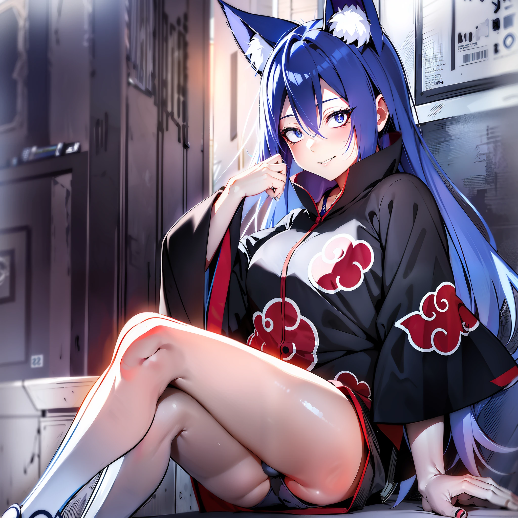akatsuki outfit, 1girl, smile, short, chubby, full body, long blue hair, upper blue hair, chained lower red hair, blue fox ears, blue fox tail, large bust, grey eyes, grey pupils, purple kimono, black knee length shorts, scanned, , Hedda Sterne