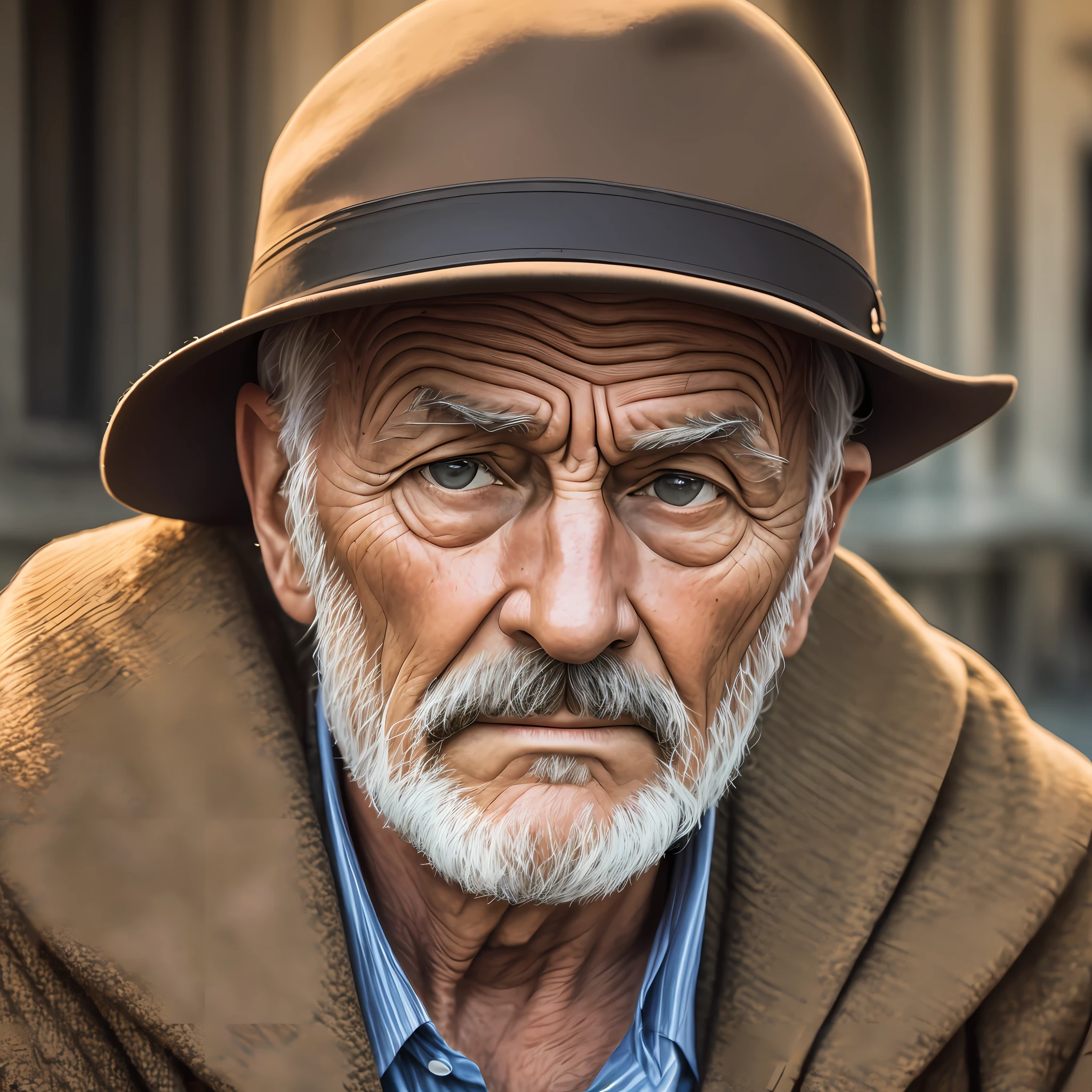 a gentleman sitting in a square, aged face, wrinkles, thoughtful countenance, photography style, FHD, 4k, dusk, 3:2 --auto --s2