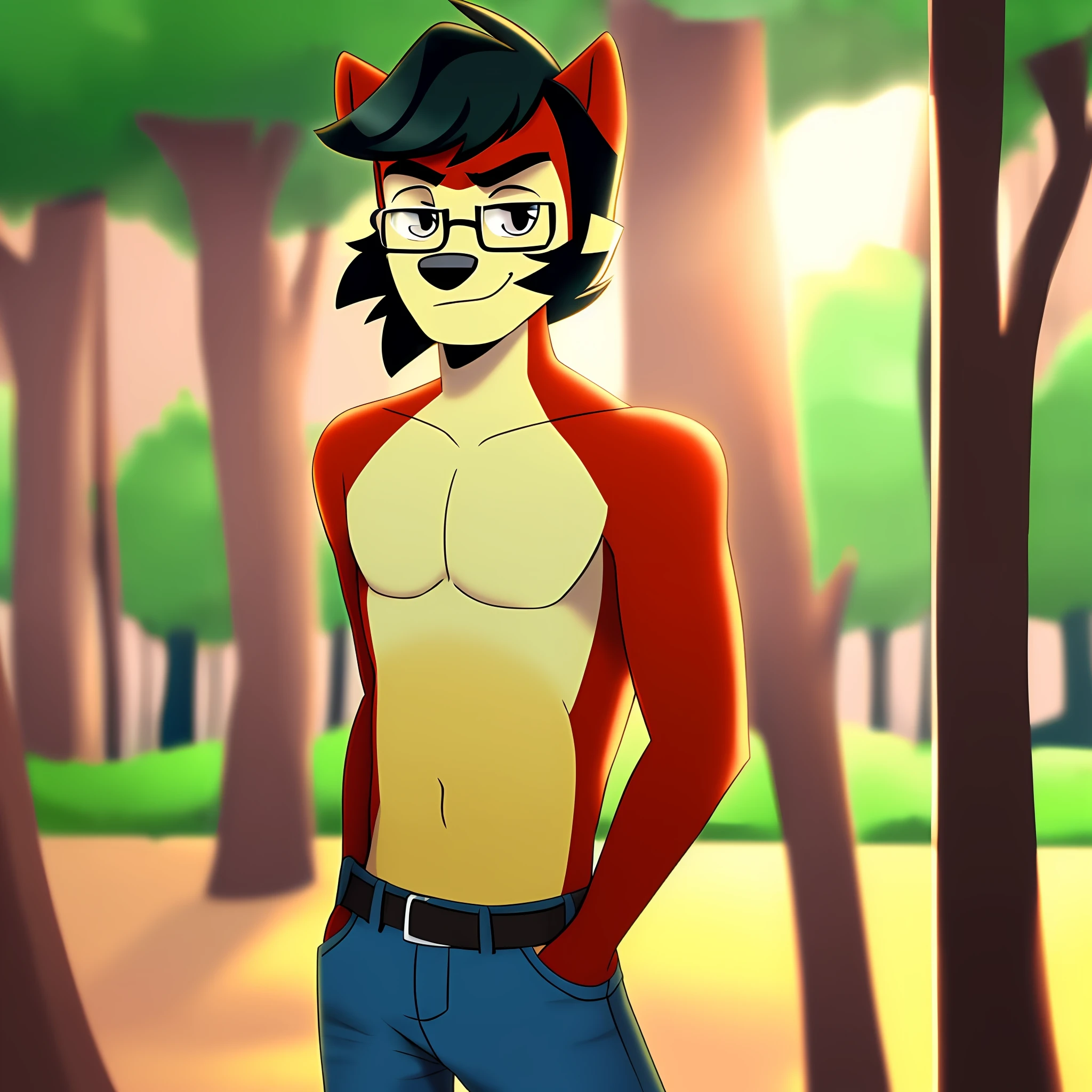 masterpiece, anthro, wolf with red fur, male, shirtless and jeans, glasses, black hair, solo, no group, not double, smiling, great lighting, soft light, no logo mark, in the park, in the style of we Total Drama, focus on the character, framed, no extra limbs, skinny