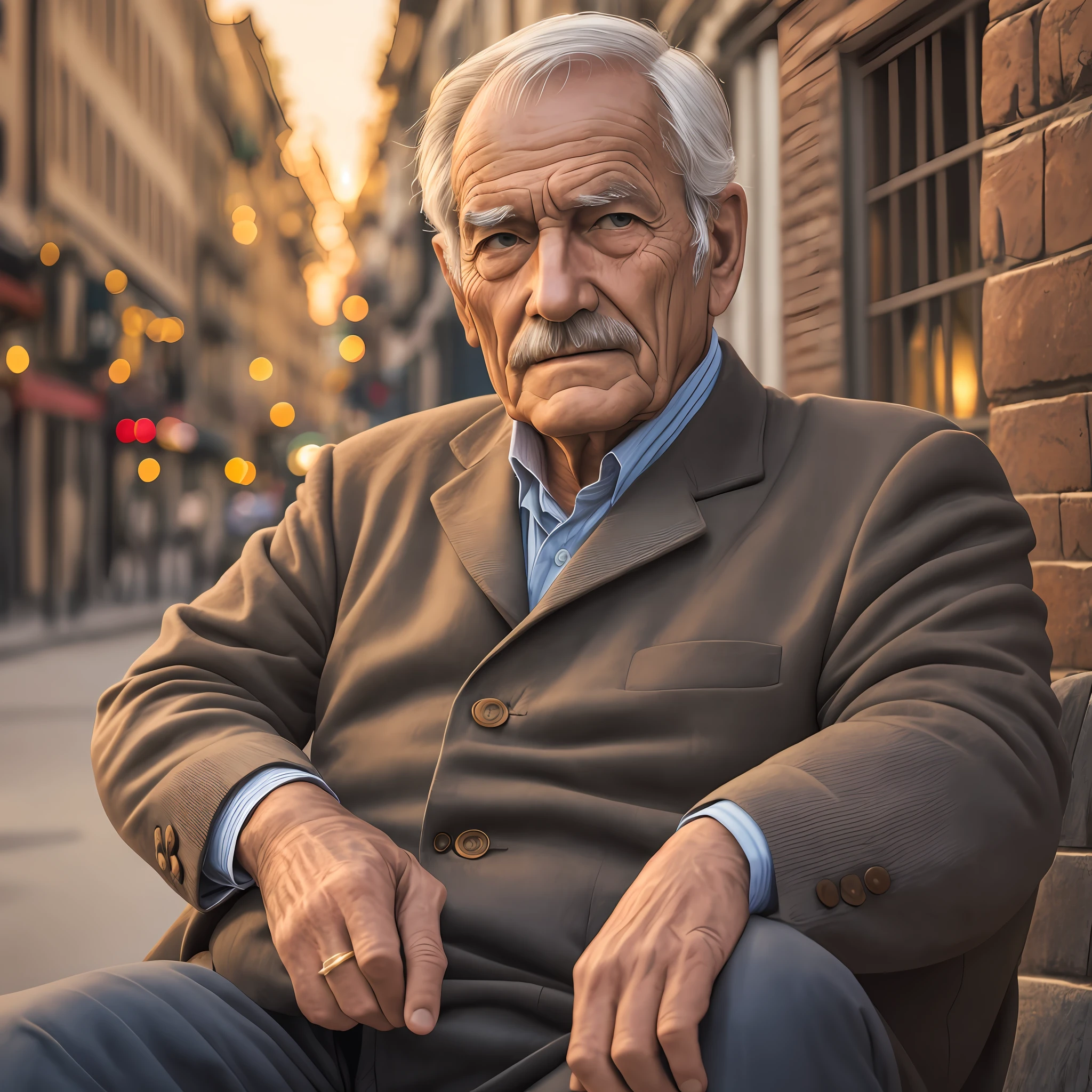 a gentleman sitting in a square, aged face, wrinkles, thoughtful countenance, photography style, FHD, 4k, dusk, 3:2 --auto --s2