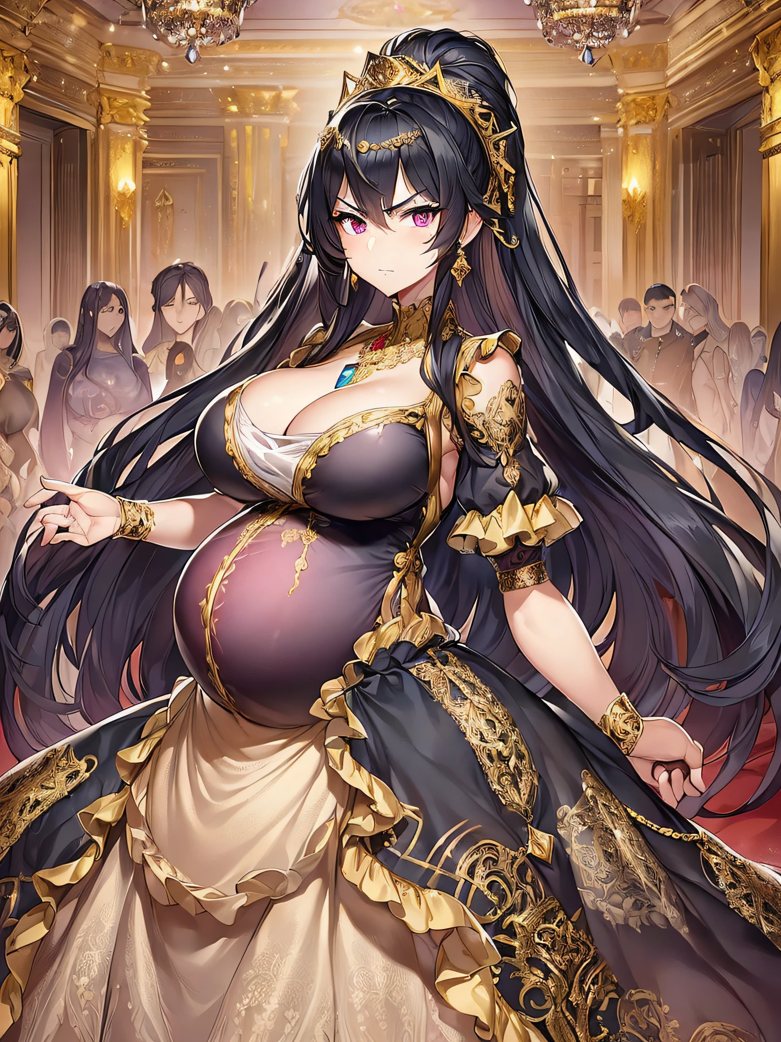 ((anime moe artstyle)),((Masterpiece)), (Best Quality), (Super Detail), Illustration, (((Very Delicate and Beautiful))),Dynamic Angle,Looking at viewer,((((Solo)))),(((Full body))),(((1 arrogant pregnant empress wearing gorgeous black ballgown))),((((heavily pregnant)))),last month of pregnancy,(standing),((arrogant)),((angry)),(embarrassed),(Purple eyes),Sharp eyes,Detailed Face, Long Eyelashes,(Jet Black Hair,Straight Hair,Very Long Hair),((Bangs between eyes)),((((gigantic breasts,Huge breasts,Bulging breasts,Long breasts,disproportionate breasts)))),cleavage,((skindentation)),curvy,See-through,(((luxurious lace and ruffled black and gold rococo ballgown adorned with abundant jewels and gorgeous embroidery))),(((voluminous black and gold rococo dress with a flared hemline))),(fluffy rococo ball gown with gorgeous embroidery and lace),((gold trim)),(((hoop skirt))),long skirt,corset,crinoline,opera gloves,Beautifully Gorgeous jeweled big tiara,Beautifully Gorgeous gem earrings,Beautifully Gorgeous jeweled necklace,Beautifully Gorgeous jeweled ornaments,indoor,light particles,royal palace,