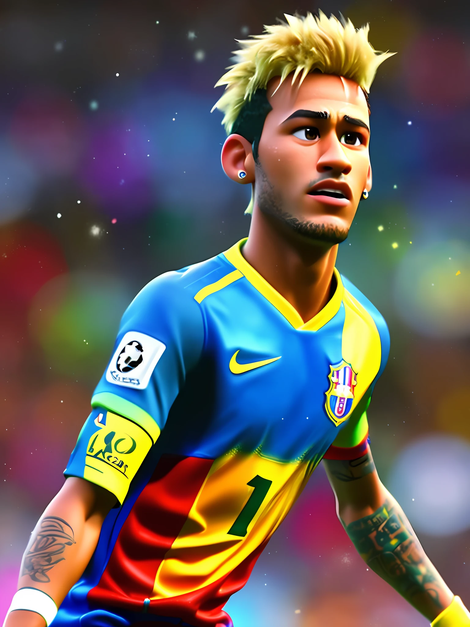 Neymar jr, (pixar style) (masterpiece:1.2) (bokeh) (best quality) (detailed skin) (detailed texture) (8k) (claymation) (cinematic lighting) (sharp focus