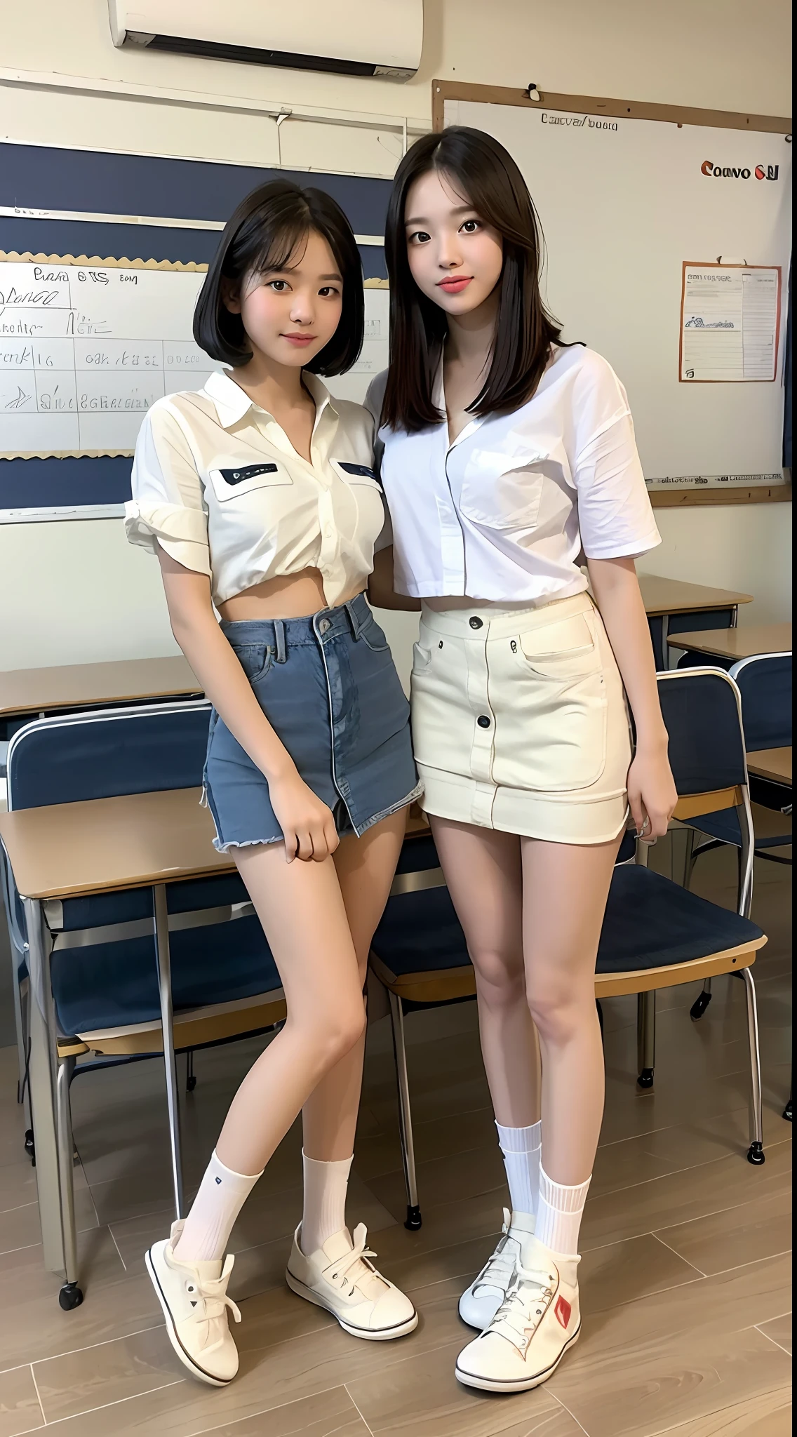 ((Natural light, Top Quality, 8k, Masterpiece:1.3)), (looking at viewer:1.4),(she is in a high school classroom,casual theme, indoor:1.5), (Beauty with slender abs:1.2), ((Layered Haircut, small breast:1.4)),(Perfect Body Beauty:1.2), (look through white open shirt:1.6), {no bra:1.5}, (short denim skirt:1.6), Highly detailed face and skin texture, Fine eyes, Double eyelids, whitening skin, (full body:1.5),(canvas shoes, white short socks:1.4)