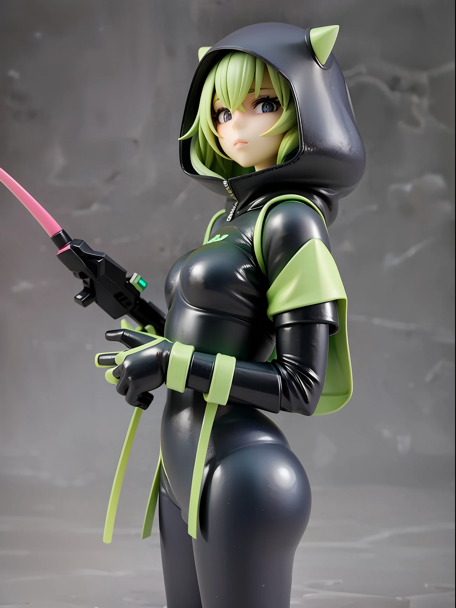 Girl, wearing a hood, neon color, holding a mysterious huge weapon, machine, white background, no background
