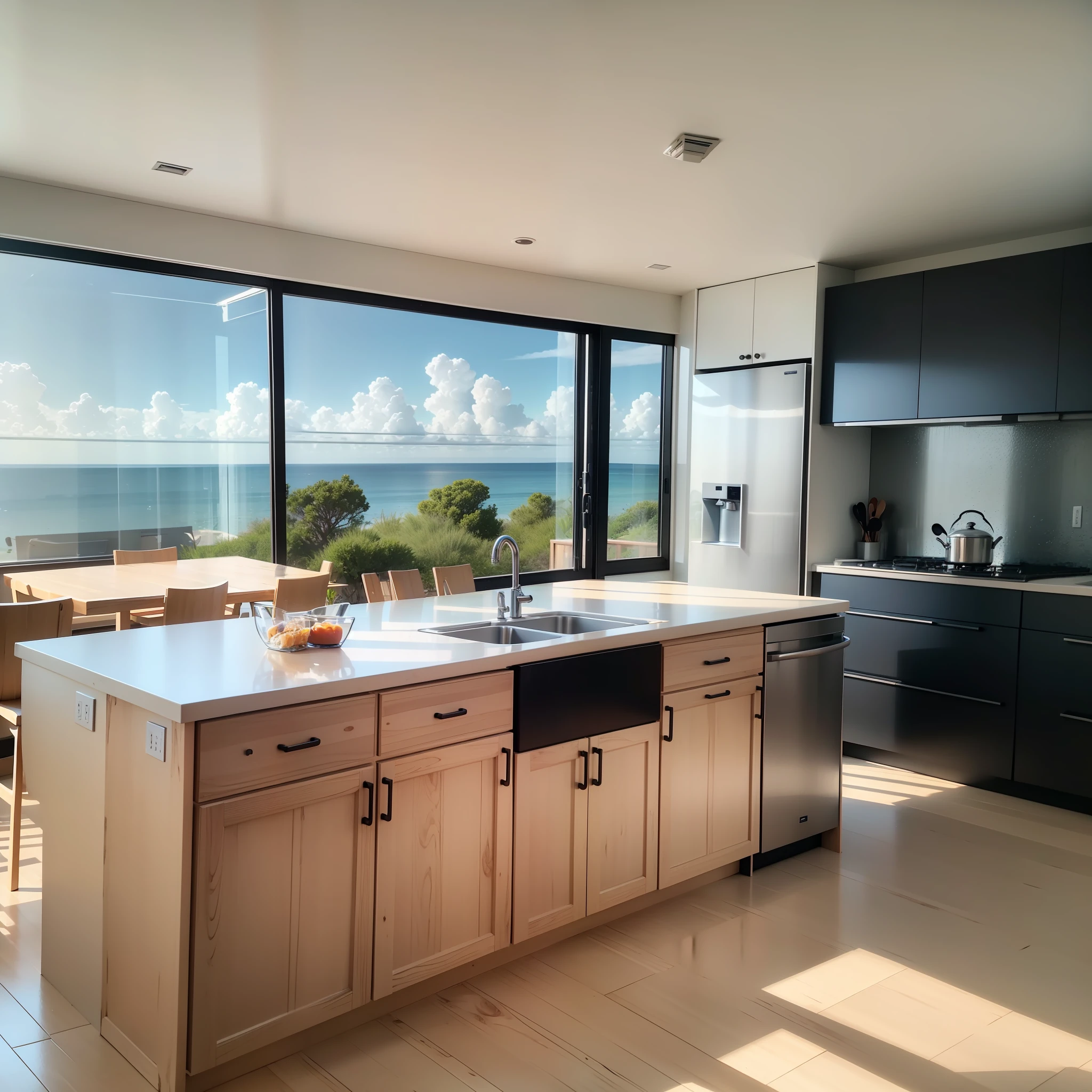 Internal view of a kitchen, sink, stainless steel refrigerator, black furniture, a window overlooking the sea, breakfast table, an island counter an access door to the wooden deck, realistic, 8K, --auto --s2