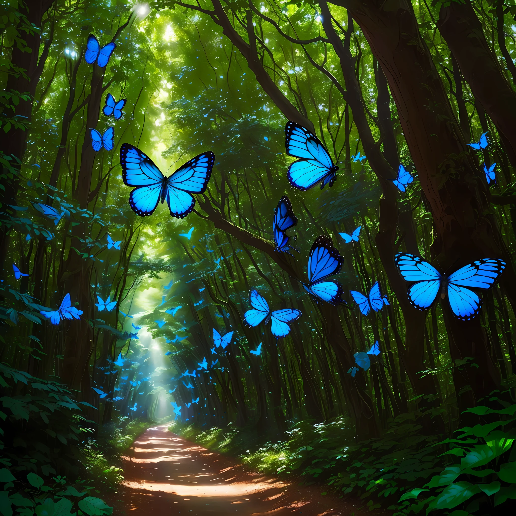 butterflies flying in the air over a dirt road in a forest, glowing blue butterflies, butterflies flying, glowing butterflies, butterflies floating in the sky, harmony of butterfly, magical forest backround, enchanted magical fantasy forest, butterfly lighting, butterflies and sunrays, magical forest background, magic fairy forest, magical fantasy forest, in the magical forest, magical forest with fireflies