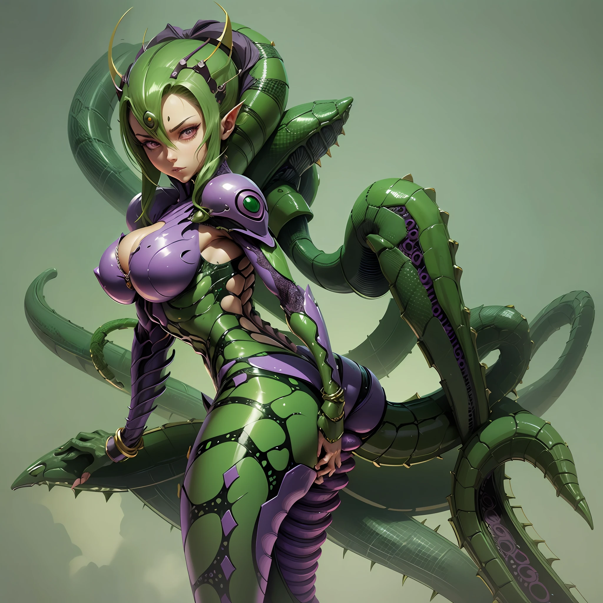 Cartoon photo of a woman in a green and purple costume, hot insect humanoid woman, Guyver style, NSFW version, red eye, scarab reploid, tentacles imitating a snake's tail, cel shade adult animation, alien queen, serpentine pose, --auto --s2