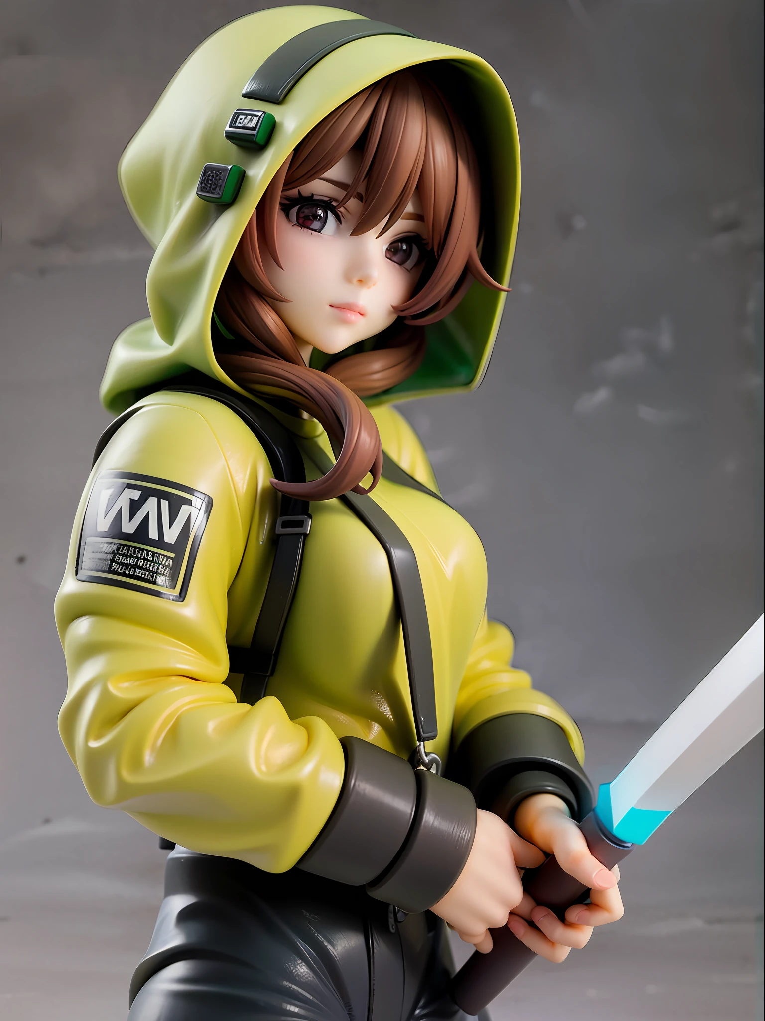 Girl, wearing a hood, neon color, holding a mysterious huge weapon, machine, white background, no background