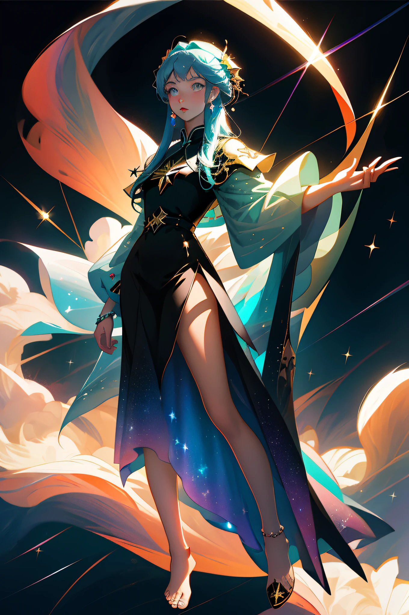 The perfect masterpiece,Highest quality,Perfect artwork,8K, fullbody,Magical eyes,Star Eyes,Holographic Phantom Background, Digital Art,plane illustrations,colorful illustration,garota chinesa,cabelo preto curto,vestes de sarcedotiza, sem calcinha, pés delicados, barefoot,black clear wings
