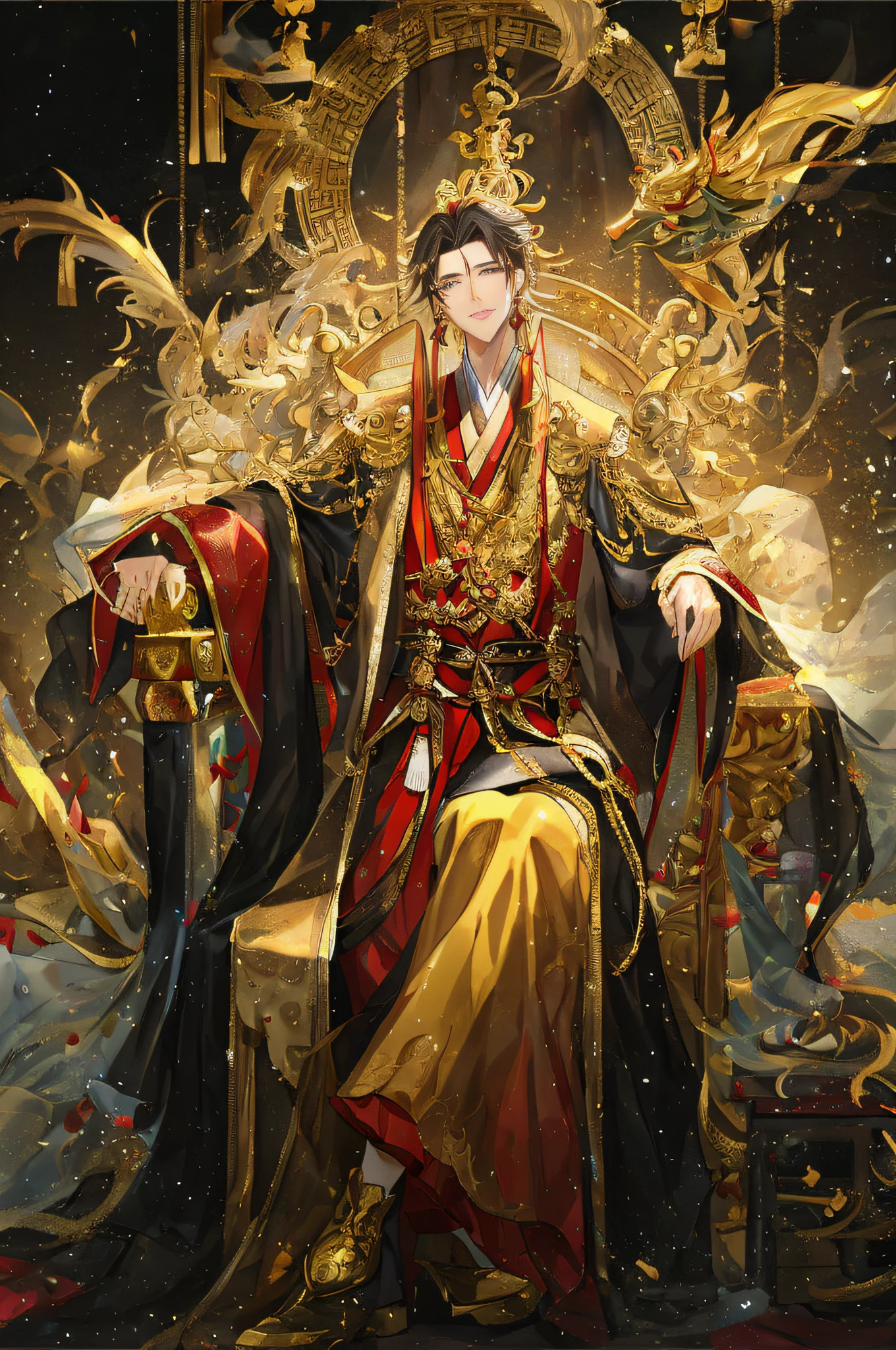 arafed image of a man sitting on a throne with a golden crown, by Yang J, g liulian art style, heise jinyao, the god emperor of mankind, wearing gilded red robes, beautiful male god of death, inspired by Guan Daosheng, inspired by Zhang Sengyao, inspired by Huang Shen