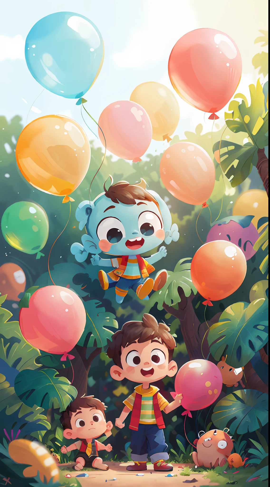 A boy, zoo, many balloons, happy, happy, perfect quality, clear focus (clutter - home: 0.8), (masterpiece: 1.2) (realistic: 1.2) (bokeh) (best quality) (detailed skin: 1.3) (complex details) (8K) (detail eyes) (sharp focus), (happy) full body, two children, clean background, long view composition, 85MM SHOT