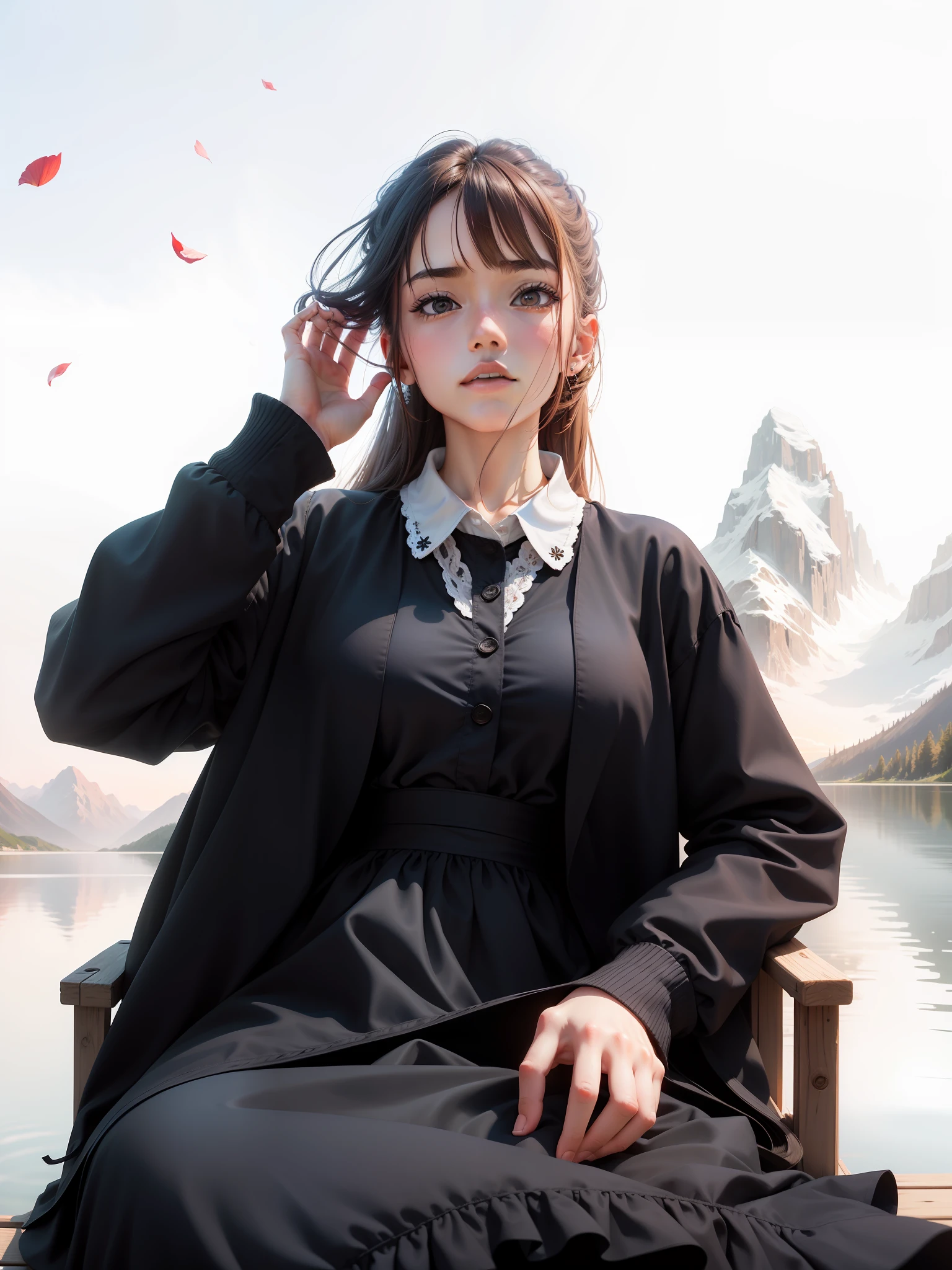 best quality, masterpiece, very detailed, detailed background, anime, woman, sexy, hands down, long hair, modern, red dress, outdoor, sunset, beautiful sky, picnic on lake, landscape, landscape, horizon, mountain sitting near mountains, wind, petals, looking away, atmospheric lighting, individual focus, close up, from side, depth of field, bokeh --auto --s2