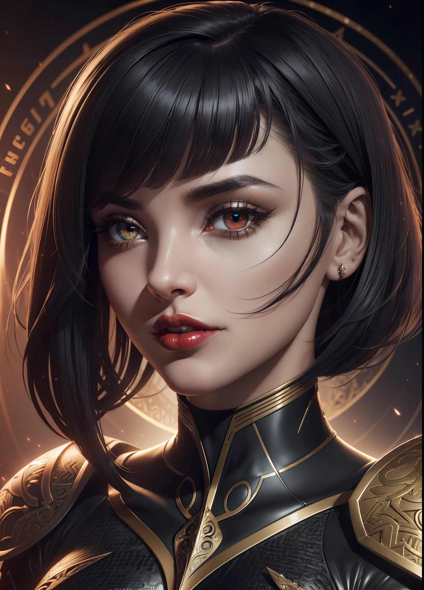 (Masterpiece) realistic bust to the below the pelves of a beauty hyperrealist & photorealist beauty young astonishing anime Valkyrie girl in highly & extremely detailed black colors futuristic combat plugsuit body with winds & scarf (masterpiece), magic & incantation glowing flying surrounded her, Unity 8k, pearly perfect skin with pores (short bob cut hair with colorful bangs fringes) ((perfect face shapes, complete perfect red lips, perfect nose, correct beautiful eyes, eyelashes, detailed intricate iris textured face in ZBrush)), full HD vines, midnight aura, glamour aesthetic, developed by Unreal Engine 5, Ultra Sharp Focus, Art by Alberto Seveso, Sci-Fi, vibrant & intricate Artwork, golden Ratio, epic, HR Giger STYLE