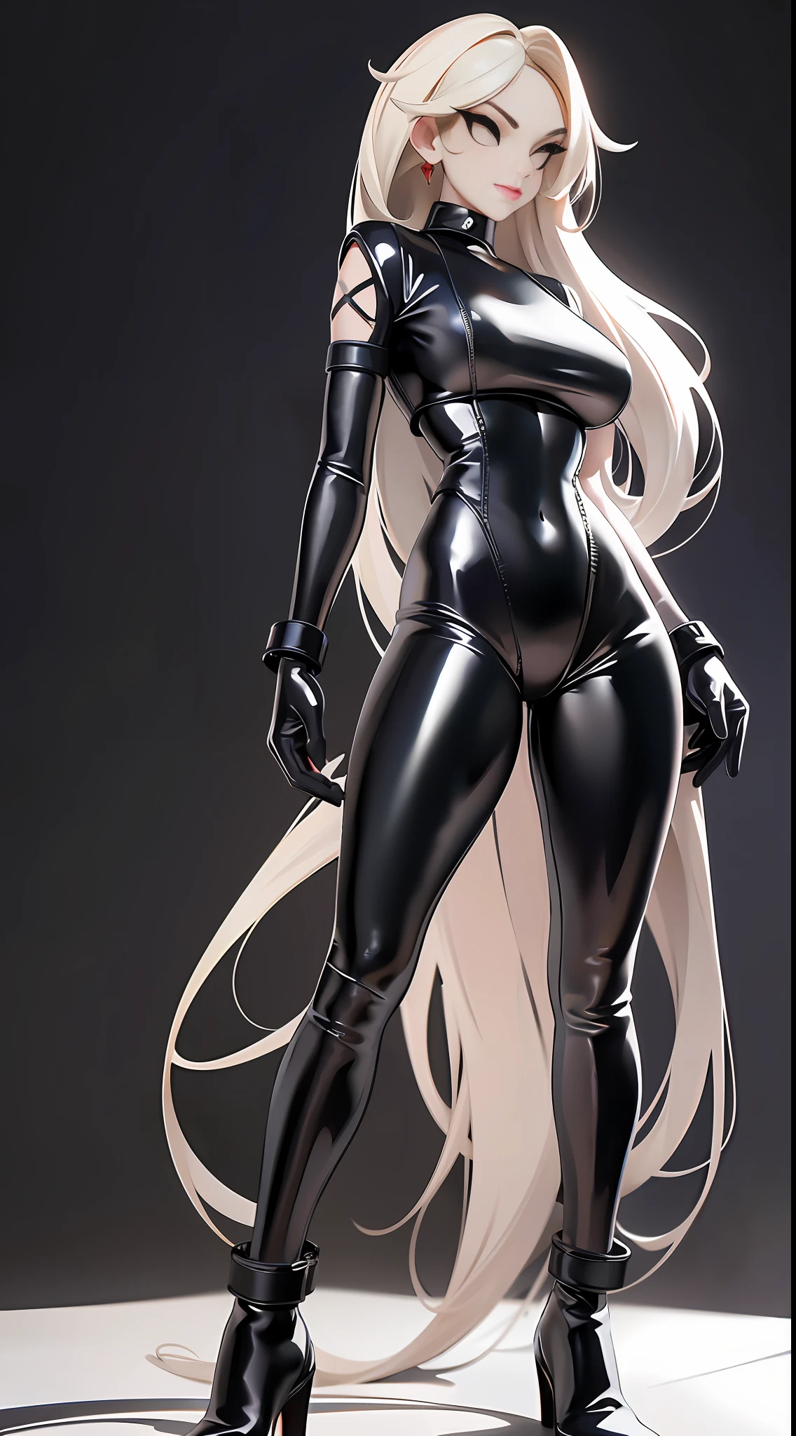 full body picture Unreal Engine 5 8K UHD of beautiful female, black tight latex catsuit underwear with white latex dress, two leather belts on hip, latex body harness, latex long sock, latex long glove, arm cuffs on biceps and wrists, leg cuffs on thighs and ankles,, beautiful make up, best quality, masterpiece