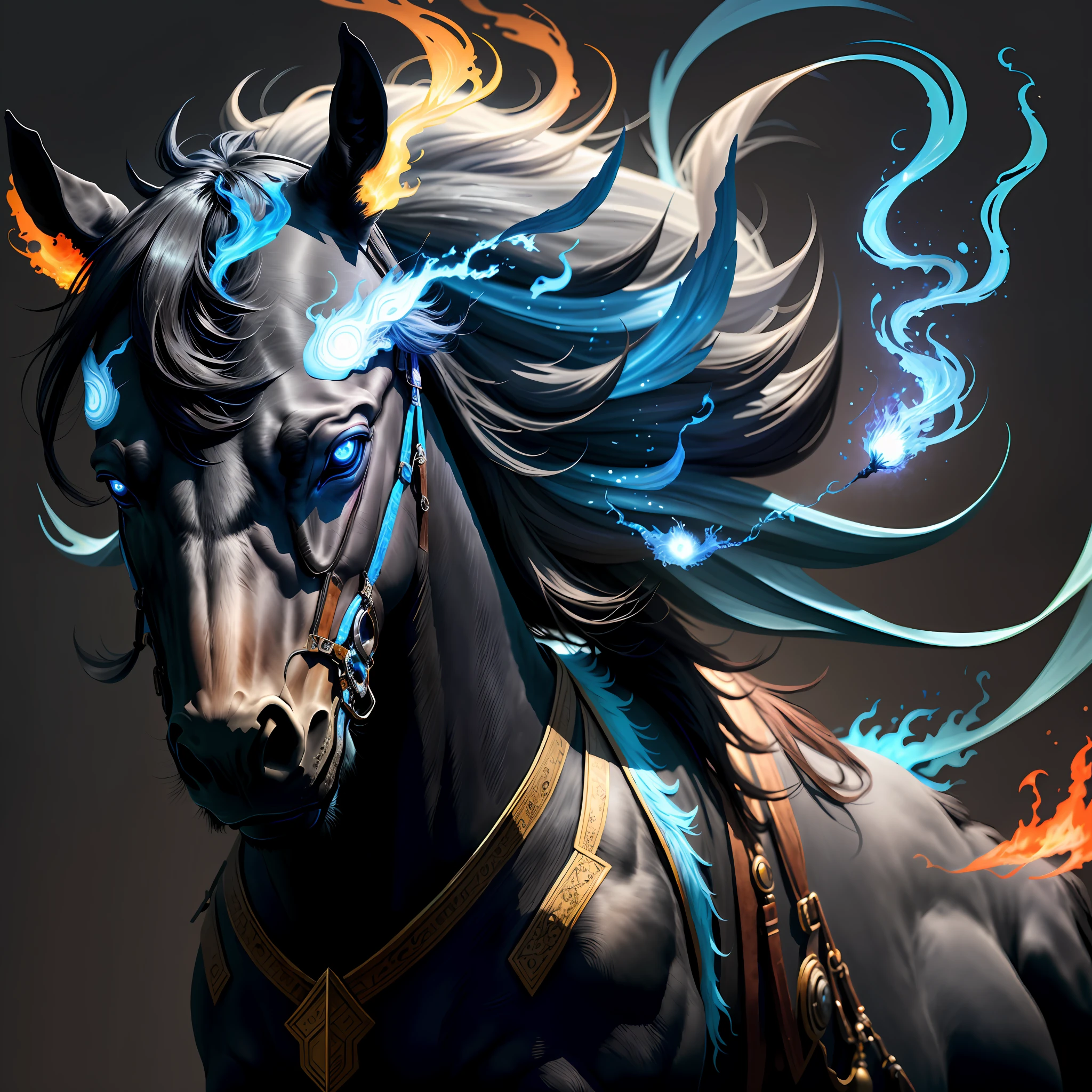 A black horse with a bright blue flame inspires and challenges the future.