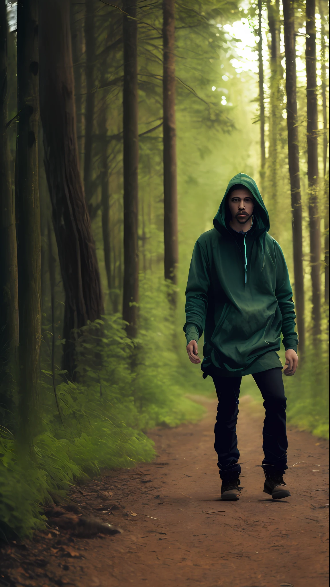 A man in a green hood, wolf teeth, walking in the forest