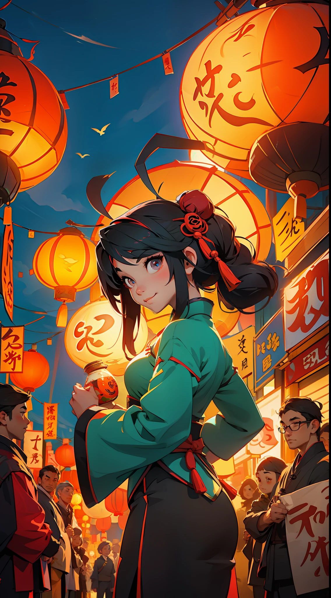 night, beautiful chinese anime waifu, lantern festival