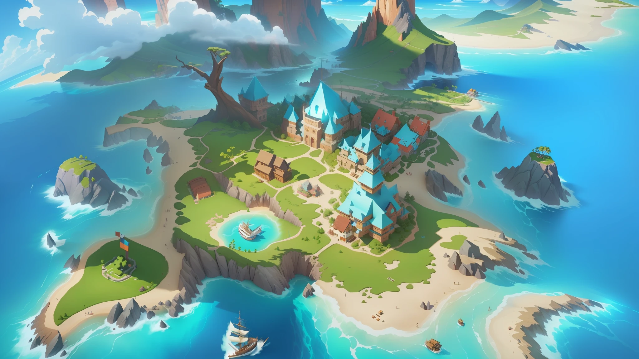 Island cartoon map close-up, stylized game art, mobile game art, stylized concept art, game screenshot, game screenshot, island background, mobile game assets, game illustration, PC screenshot, game screenshot, detailed game art, stylized art, ultra-wide game screenshot, loading screen", game screenshot with UI, in-game image, 4K picture quality, strong light and shadow contrast