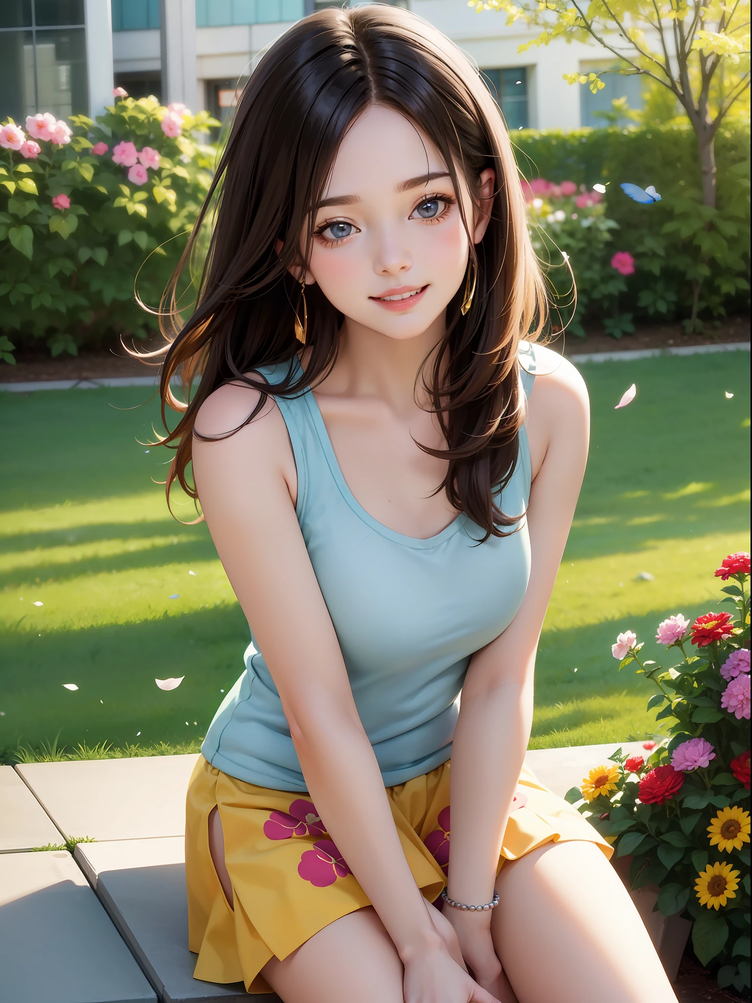 HD, depth of field, sideways, brunette hair, smile, anime, basketball girl, bare shoulders, sitting on campus with colorful flowers and plants around her