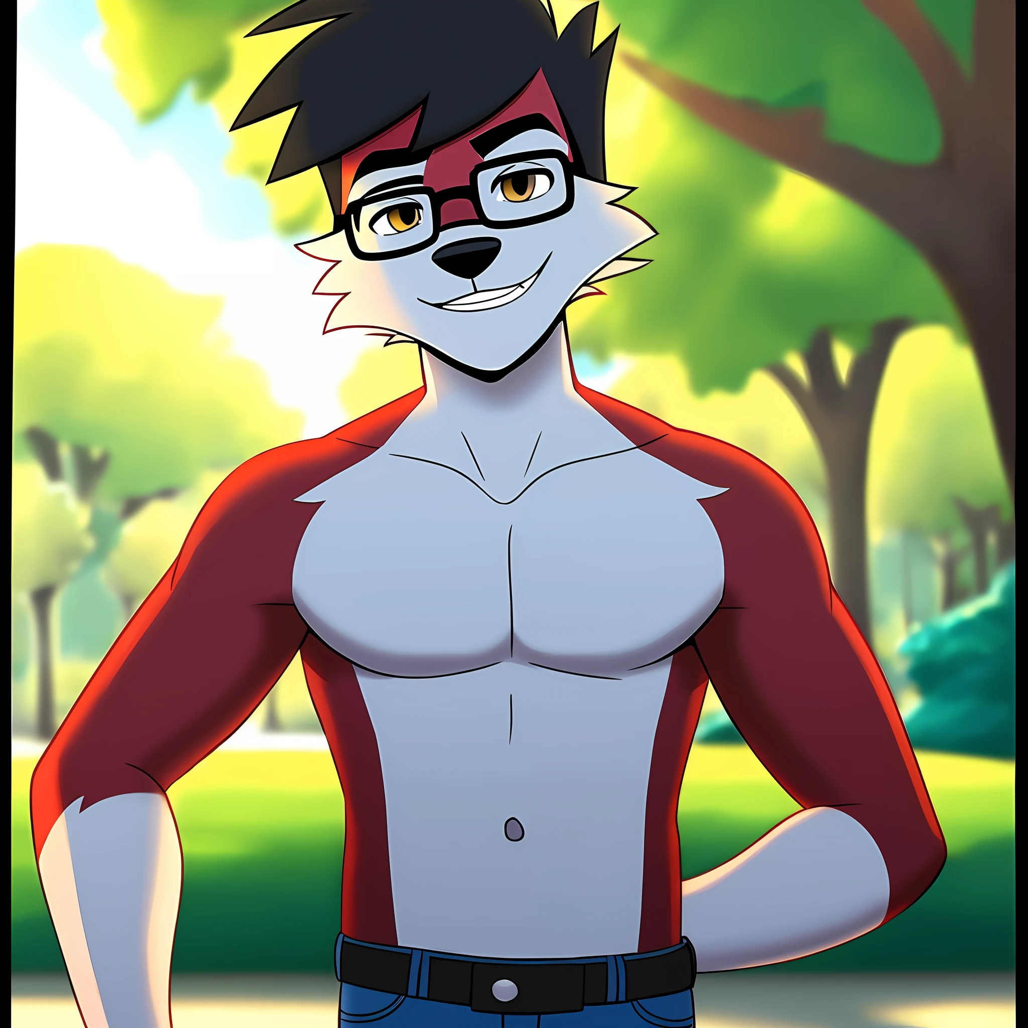 masterpiece, anthro, wolf with red fur, male, shirtless and jeans, glasses, black hair, solo, no group, not double, smiling, great lighting, soft light, no logo mark, in the park, in the style of we Total Drama, focus on the character, framed, no extra limbs, skinny