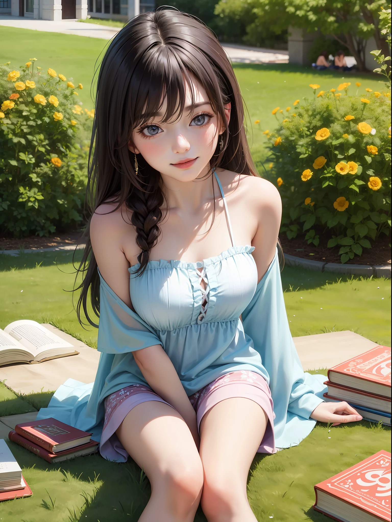 HD, depth of field, summer, sideways, brunette hair, smile, anime, books, bare shoulders, sitting on campus with colorful flowers and plants around you
