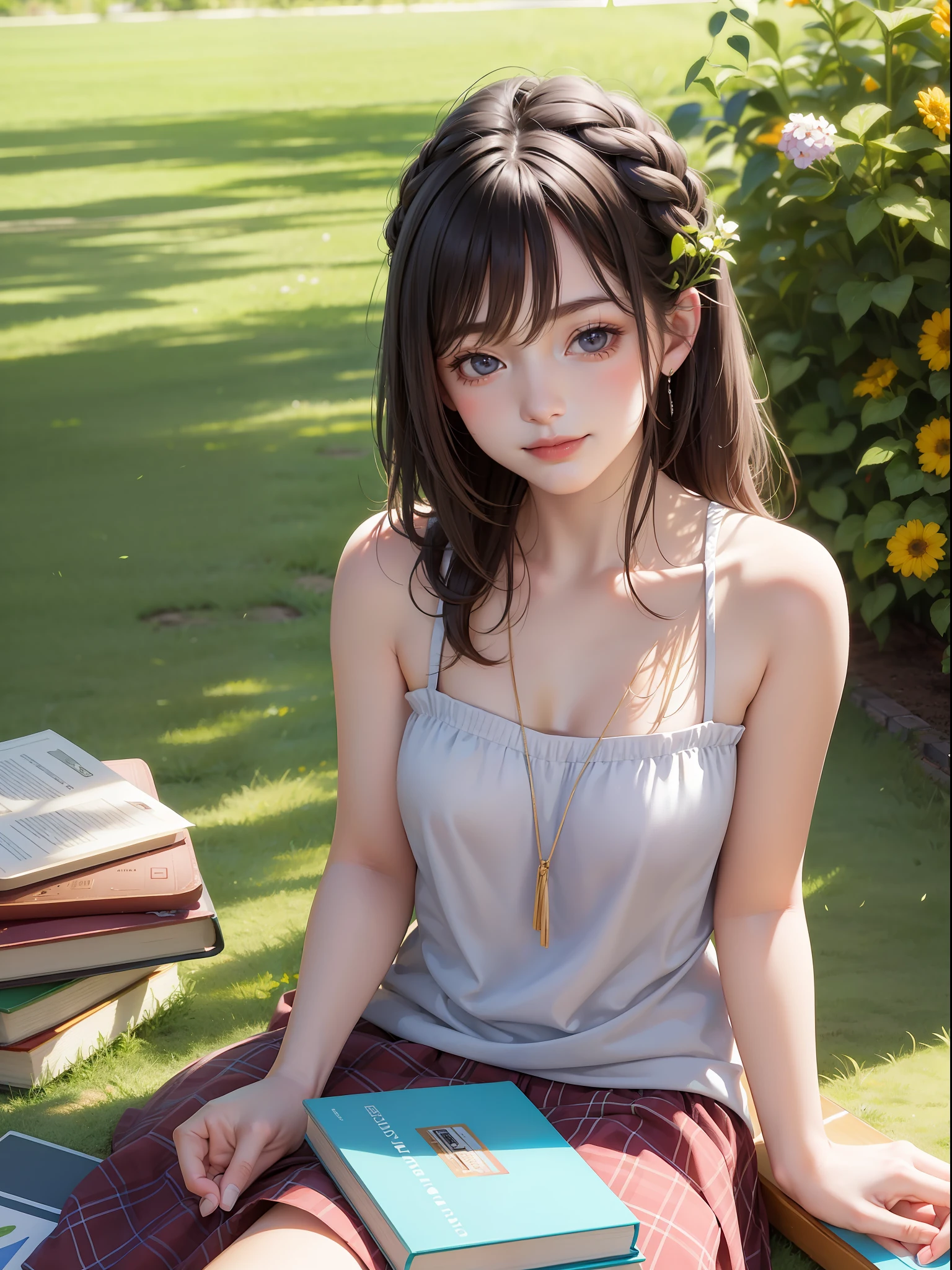 HD, depth of field, summer, sideways, brunette hair, smile, anime, books, bare shoulders, sitting on campus with colorful flowers and plants around you
