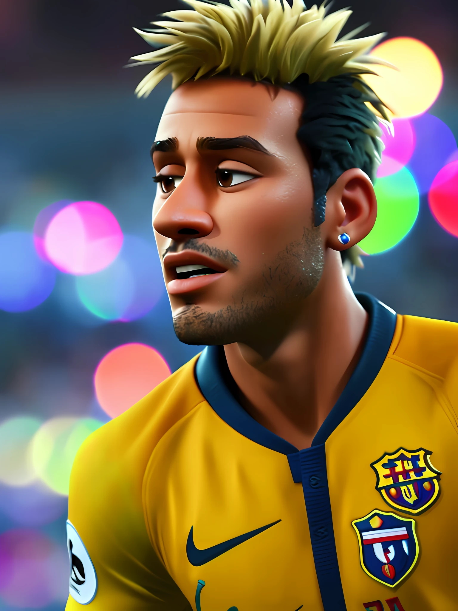 Neymar jr, (pixar style) (masterpiece:1.2) (bokeh) (best quality) (detailed skin) (detailed texture) (8k) (claymation) (cinematic lighting) (sharp focus