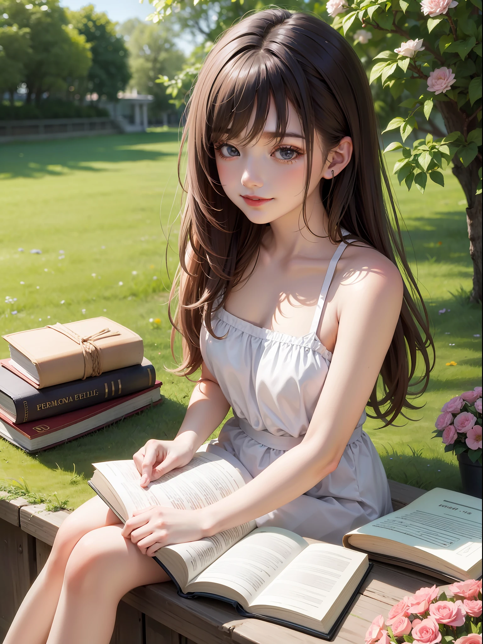 HD, depth of field, summer, sideways, brunette hair, smile, anime, books, bare shoulders, sitting on campus with colorful flowers and plants around you