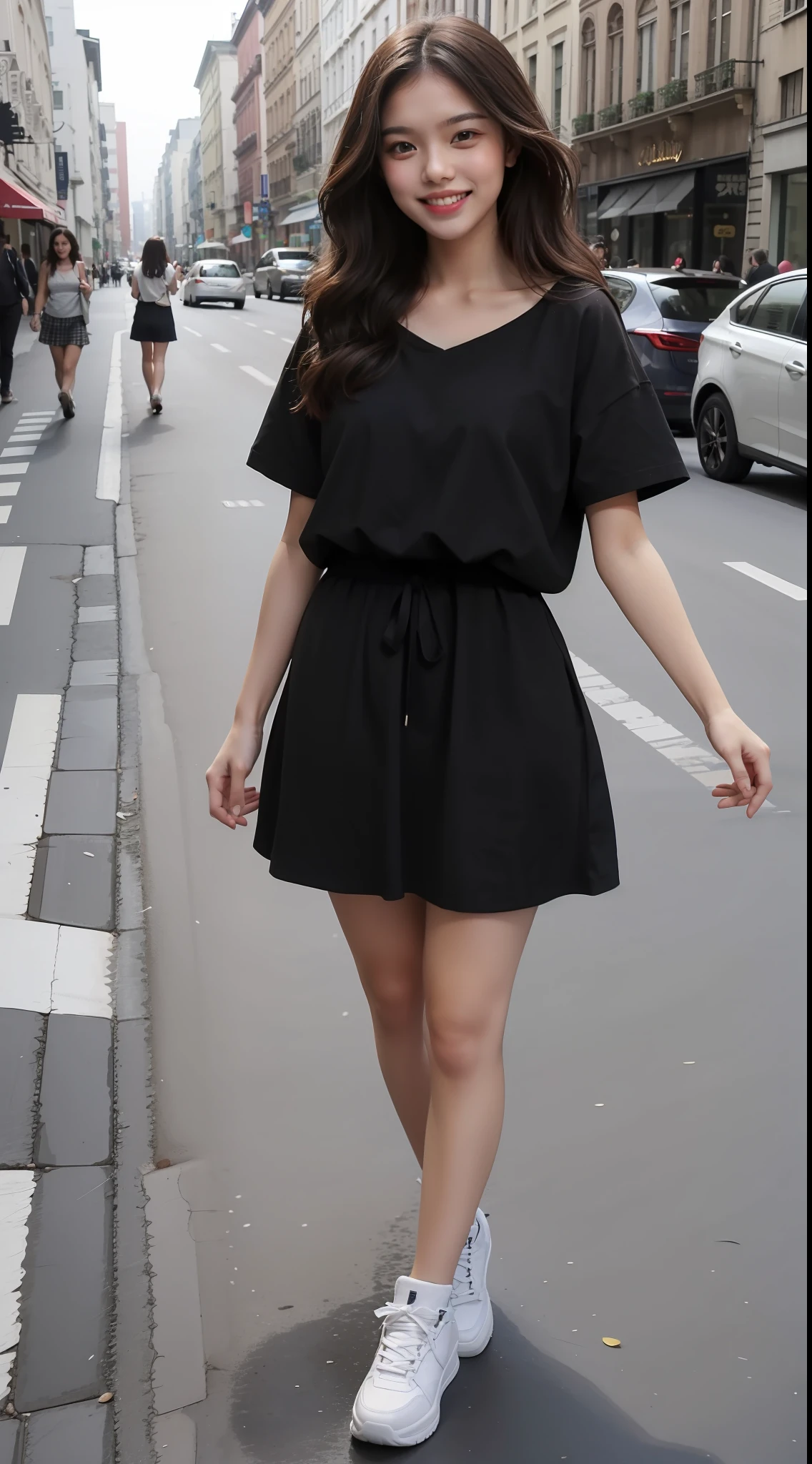 Single, Brunet, Best Quality, Full Body Shot, Big Miss, Smile, Long Hair, Wavy Head, Bustling Street, Fashion Clothing, Summer