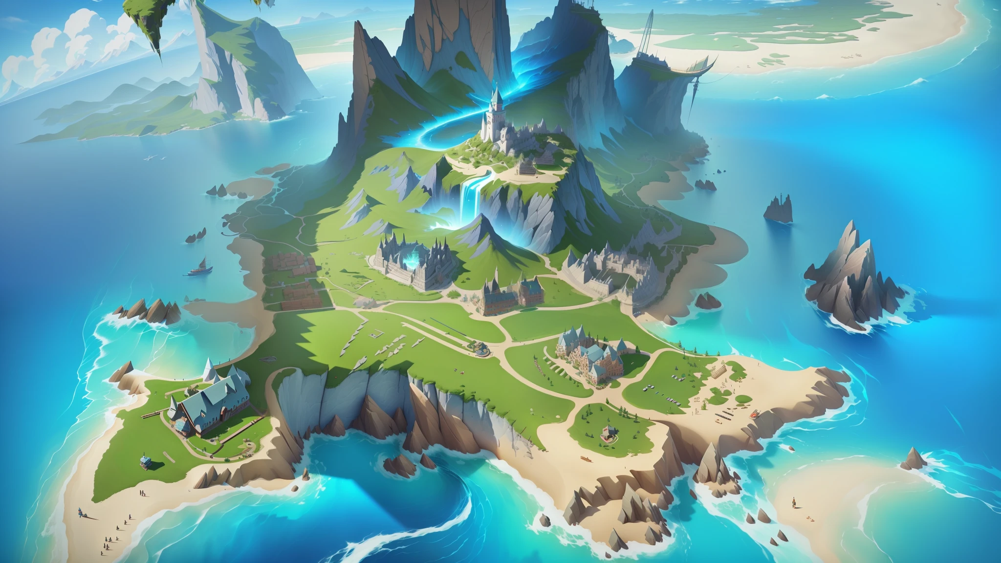 Island cartoon map close-up, stylized game art, mobile game art, stylized concept art, game screenshot, game screenshot, island background, mobile game assets, game illustration, PC screenshot, game screenshot, detailed game art, stylized art, ultra-wide game screenshot, loading screen", game screenshot with UI, in-game image, 4K picture quality, strong light and shadow contrast