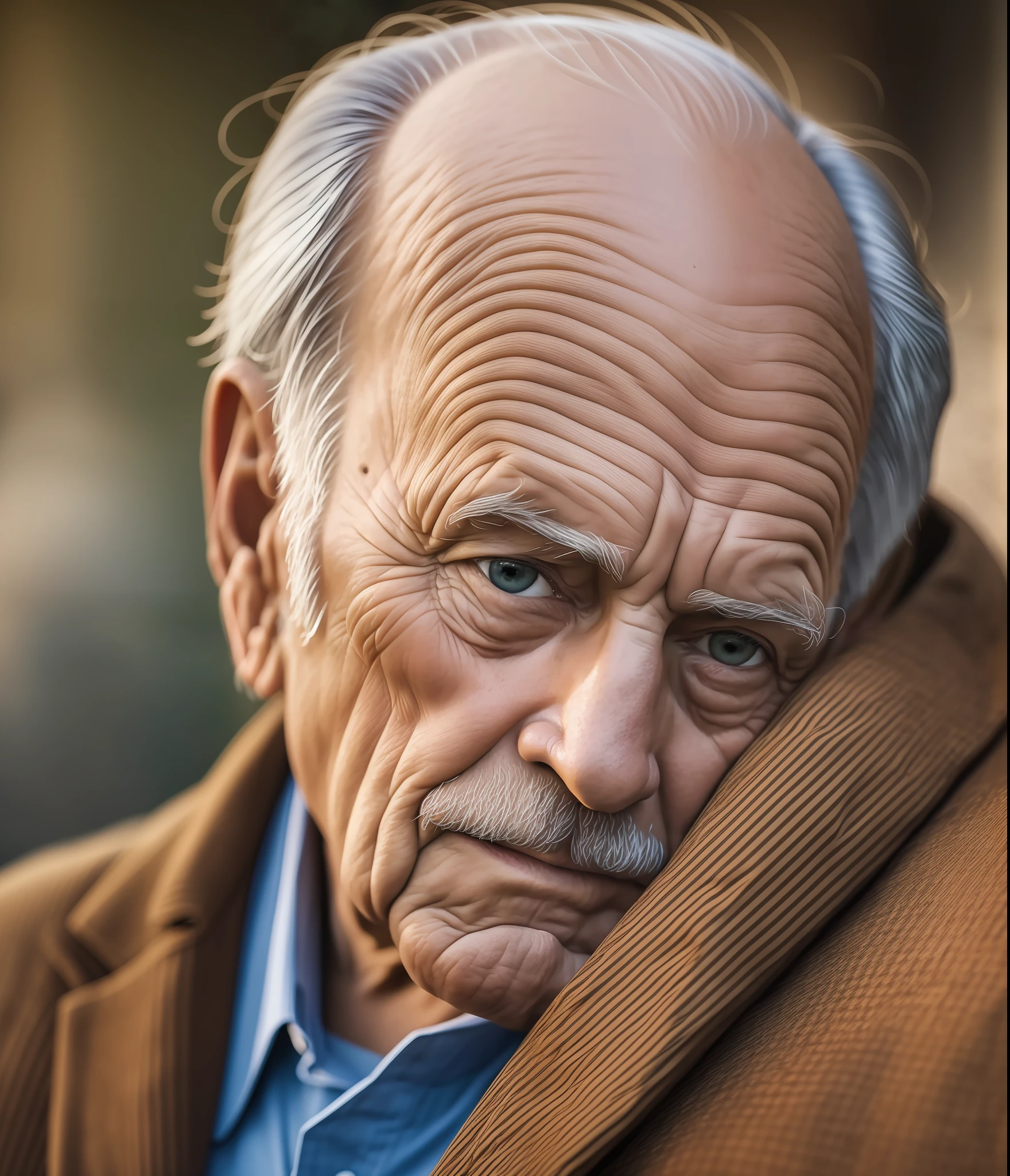 a gentleman sitting in a square, aged face, wrinkles, thoughtful countenance, photography style, FHD, 4k, dusk, 3:2 --auto --s2