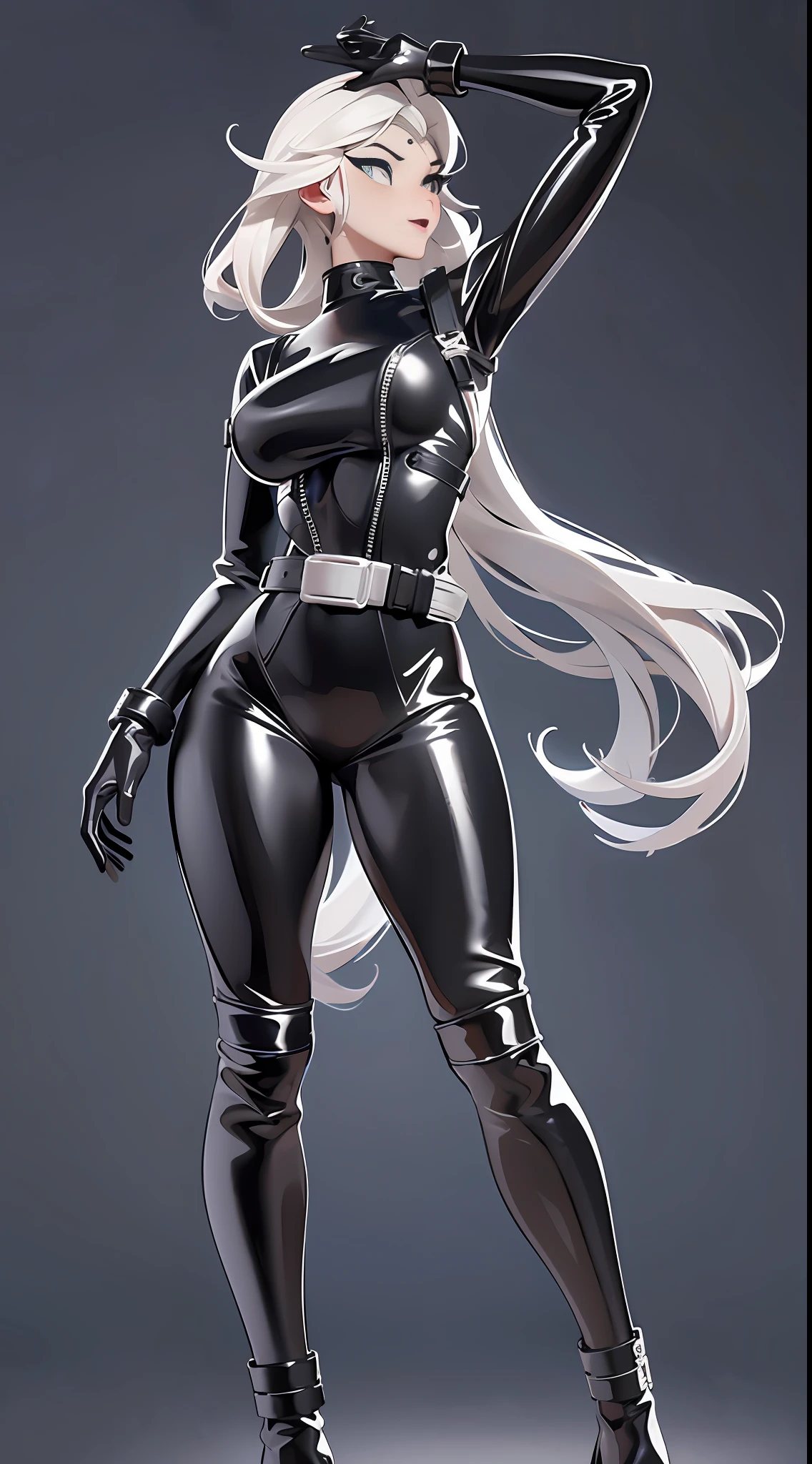 full body picture Unreal Engine 5 8K UHD of beautiful female, black tight latex catsuit underwear with white latex dress, two leather belts on hip, latex body harness, latex long sock, latex long glove, arm cuffs on biceps and wrists, leg cuffs on thighs and ankles, beautiful make up, back view, best quality, masterpiece