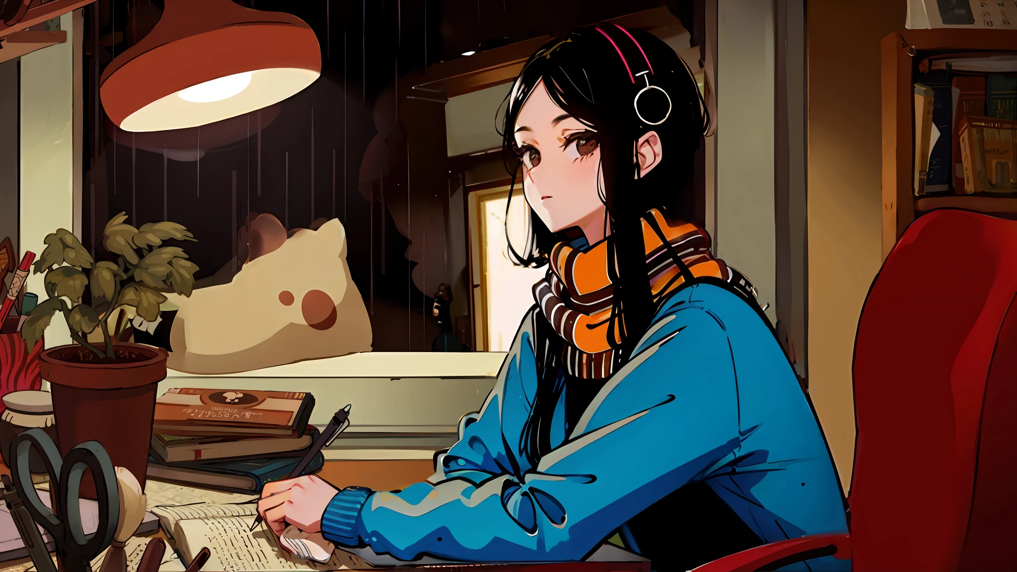 Girl with headphones looking at her notebook, black hair and dark brown eyes, wearing a blouse and scarf