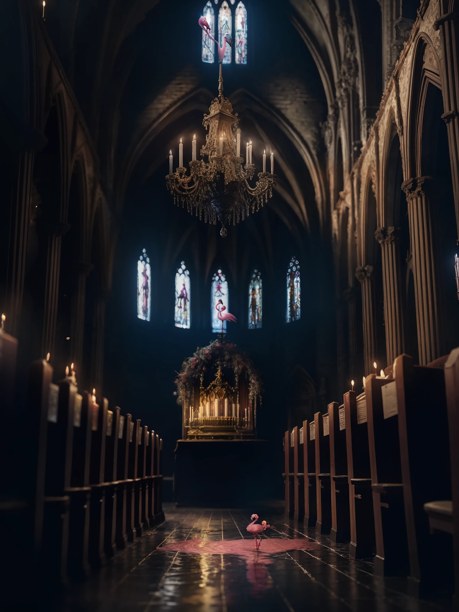 London style, spiders and cobwebs are tangled, cinematic, cg extremely detailed, texture detailed, church crowded, gothic candles, candlelight, back to camera, girl, standing, flamingo flamingo