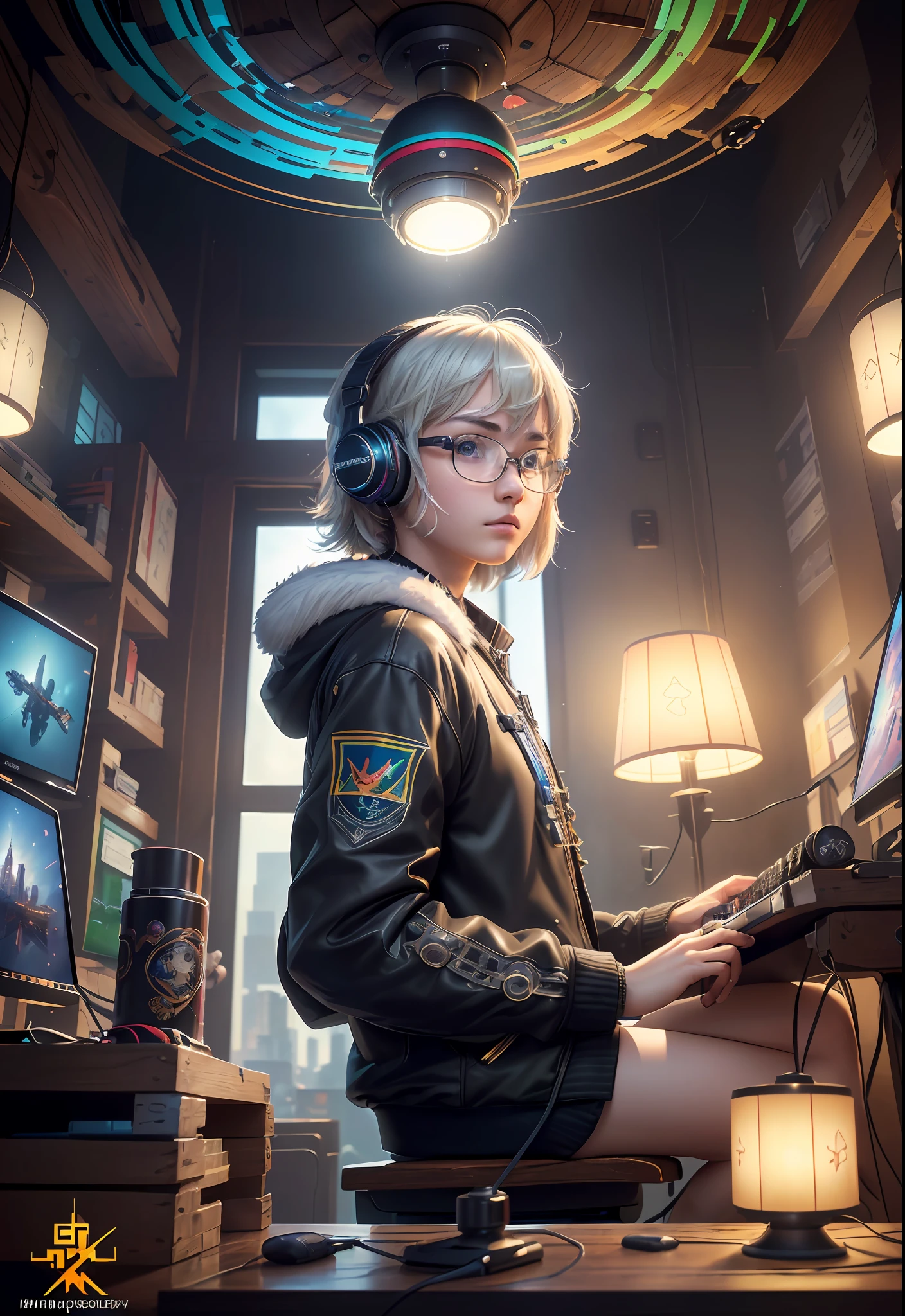 Masterpiece, Best Illustration, Solo, Multiplayer, Handsome Glasses-kun, White-haired Boy, Blonde Girl, Seated, Keyboard \ (Computer \), Fur Decoration, Computer, Monitor, Hood, Jacket, Hood Down (Chair, Headphones, City, Instrument, Cyberpunk, Wooden Toys,\(\(Intricate Details\)\), Color Details, Rainbow Color BREAK, \(\(Best Quality of Masterpiece\)\), 4K, Ultra Detail, Detailed Lighting, \((Inspired by Hayao Miyazaki)\), Official Art, Propaganda art, composition, a giant mirror ball floating in space, twinkling lights, sad lost, particles in the air, intricate fractals, detailed, (illustration), masterpiece, high resolution, best quality. Illuminate people, colorful, master composition, focus on key figures, realism, masterpiece, award-winning, best quality, masterpiece, ultra-detailed, 8K, extremely detailed CG Unity 8k wallpaper, complex, highly detailed, realistic