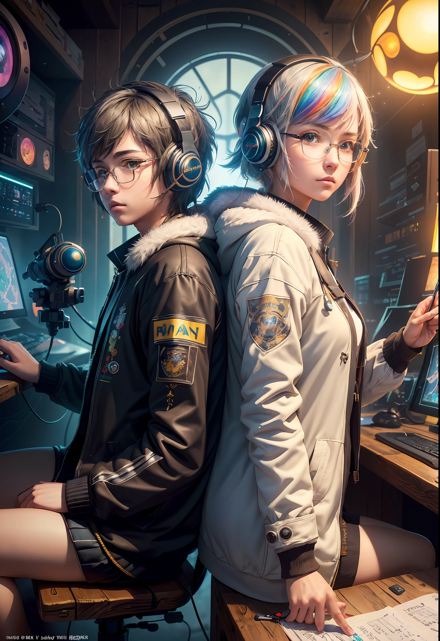 Masterpiece, Best Illustration, Solo, Multiplayer, Handsome Glasses-kun, White-haired Boy, Blonde Girl, Seated, Keyboard \ (Computer \), Fur Decoration, Computer, Monitor, Hood, Jacket, Hood Down (Chair, Headphones, City, Instrument, Cyberpunk, Wooden Toys,\(\(Intricate Details\)\), Color Details, Rainbow Color BREAK, \(\(Best Quality of Masterpiece\)\), 4K, Ultra Detail, Detailed Lighting, \((Inspired by Hayao Miyazaki)\), Official Art, Propaganda art, composition, a giant mirror ball floating in space, twinkling lights, sad lost, particles in the air, intricate fractals, detailed, (illustration), masterpiece, high resolution, best quality. Illuminate people, colorful, master composition, focus on key figures, realism, masterpiece, award-winning, best quality, masterpiece, ultra-detailed, 8K, extremely detailed CG Unity 8k wallpaper, complex, highly detailed, realistic