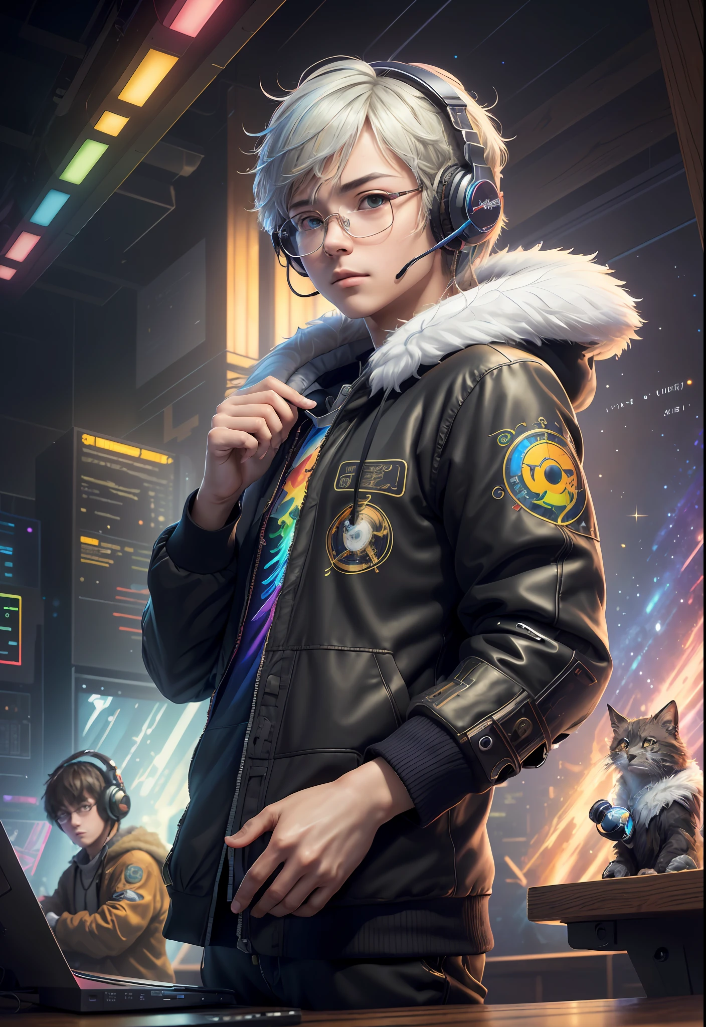 Masterpiece, Best Illustration, Solo, Multiplayer, Handsome Glasses-kun, White-haired Boy, Blonde Girl, Seated, Keyboard \ (Computer \), Fur Decoration, Computer, Monitor, Hood, Jacket, Hood Down (Chair, Headphones, City, Instrument, Cyberpunk, Wooden Toys,\(\(Intricate Details\)\), Color Details, Rainbow Color BREAK, \(\(Best Quality of Masterpiece\)\), 4K, Ultra Detail, Detailed Lighting, \((Inspired by Hayao Miyazaki)\), Official Art, Propaganda art, composition, a giant mirror ball floating in space, twinkling lights, sad lost, particles in the air, intricate fractals, detailed, (illustration), masterpiece, high resolution, best quality. Illuminate people, colorful, master composition, focus on key figures, realism, masterpiece, award-winning, best quality, masterpiece, ultra-detailed, 8K, extremely detailed CG Unity 8k wallpaper, complex, highly detailed, realistic