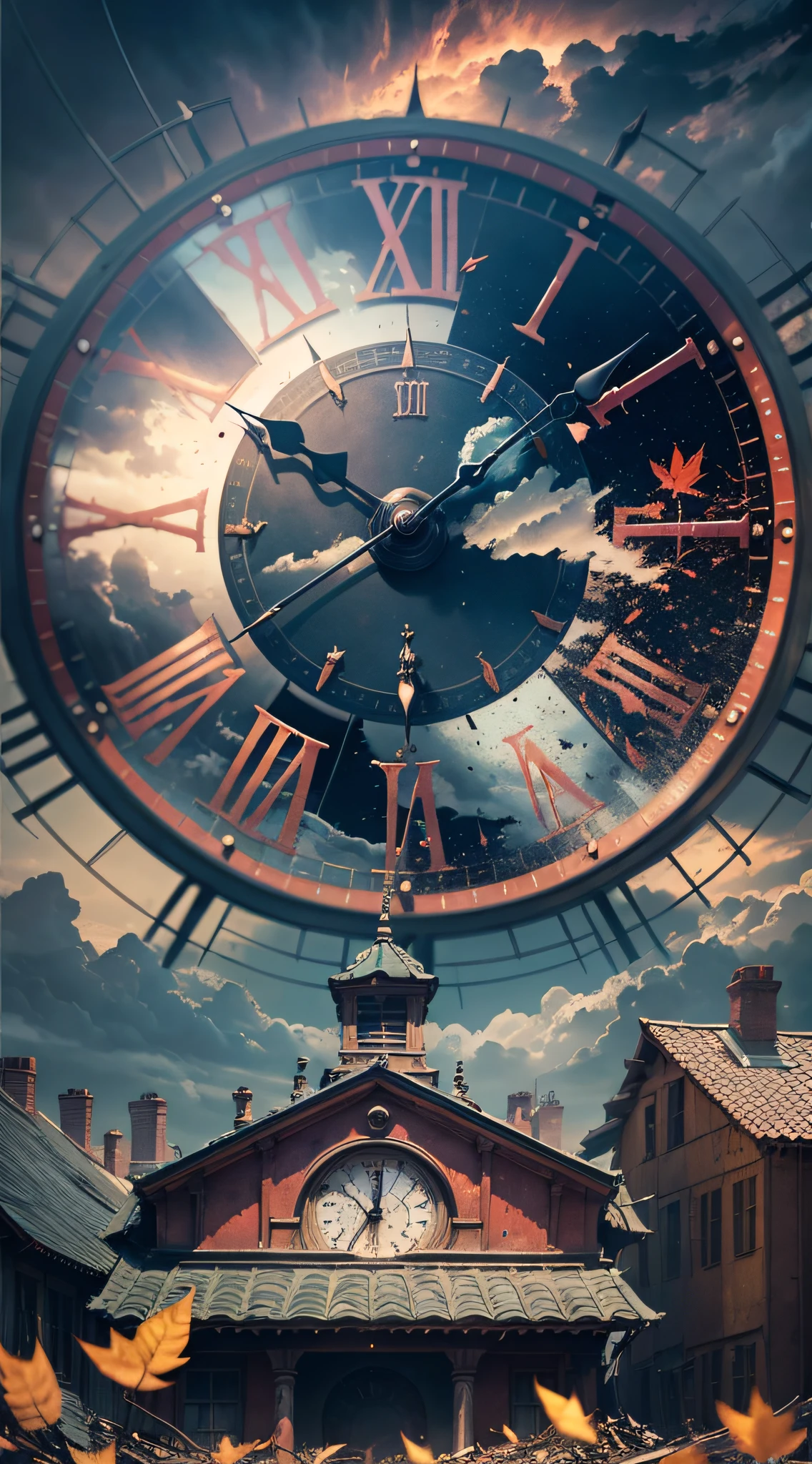 Antique clock in the hands of a time keeper in an apocalyptic scenario, wear and tear on people, showing the relentless passage of time, with cracks in the face of the clock, floating dust, twilight and charged clouds, dry leaves flying through the air, realistic photo, detailed photo, 3d rendering, vivid and bright colors, realistic image, 12k image, 8k, full photo without head or body cut --auto --s2