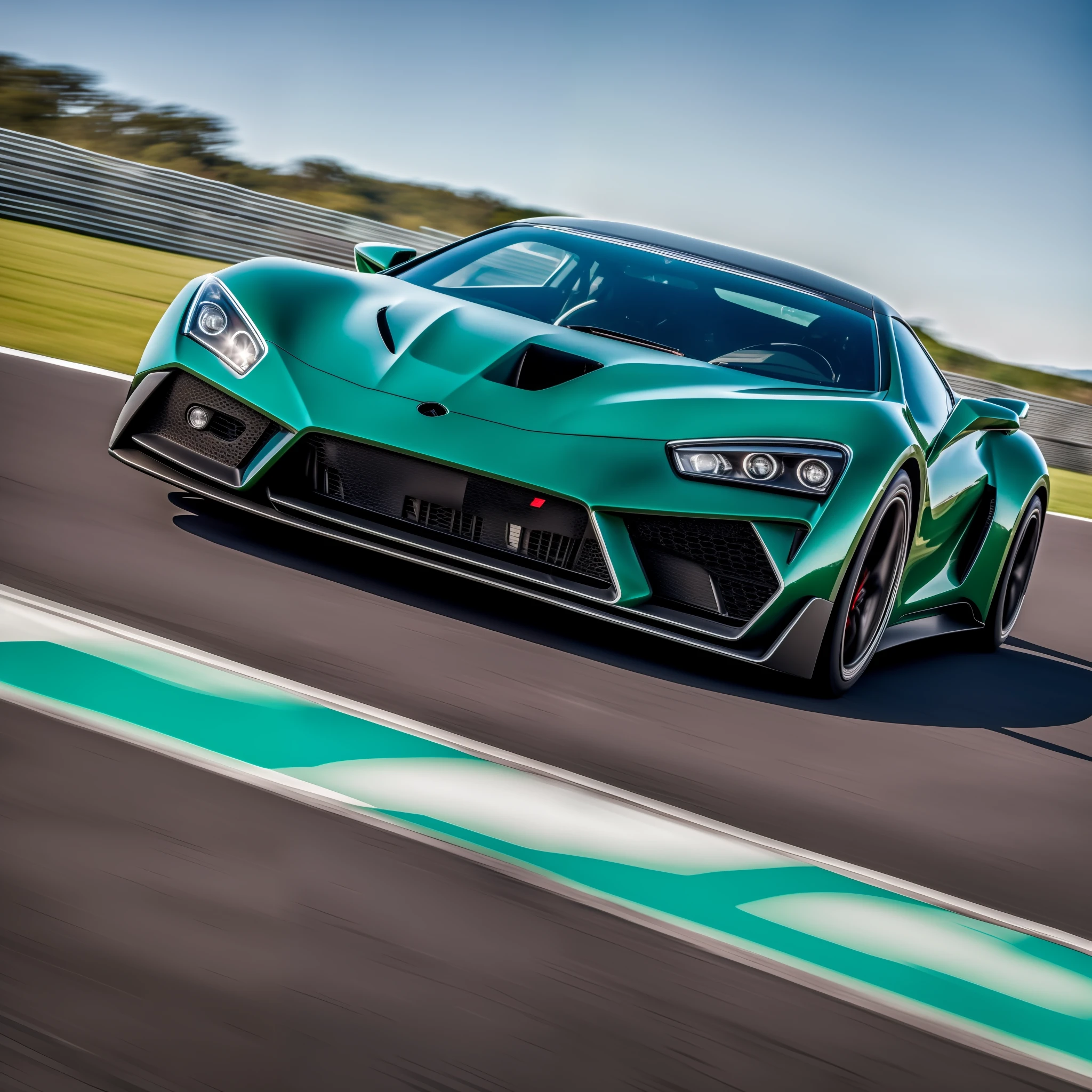 A car of the Zenvo brand, green color, super car, black wheel, on the Nürburgring track, by day, photorealistic, 8k --auto --s2