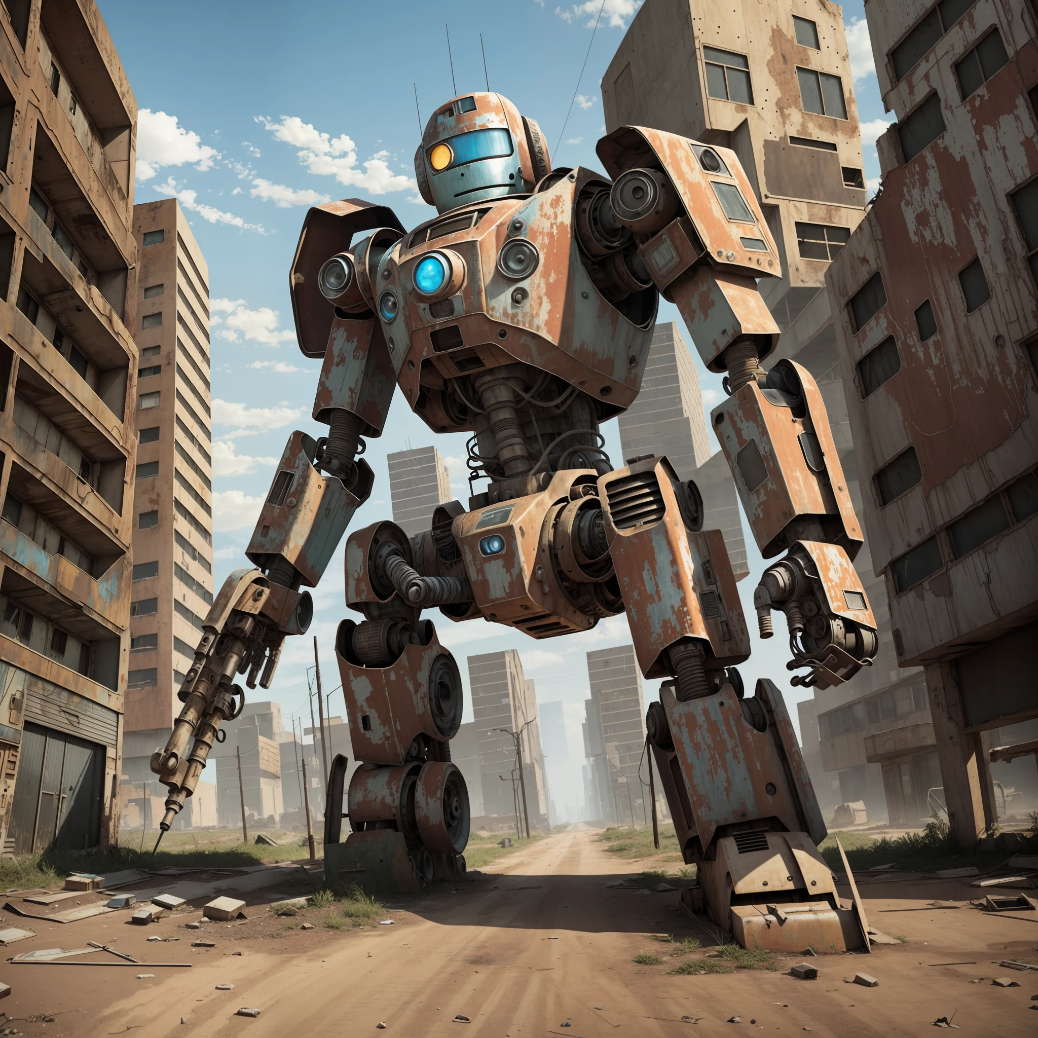 A robot, abandoned in a post-apocalypse city, rusty, worn, weathered paint, rich in detail, 4k, ultra realistic --auto --s2