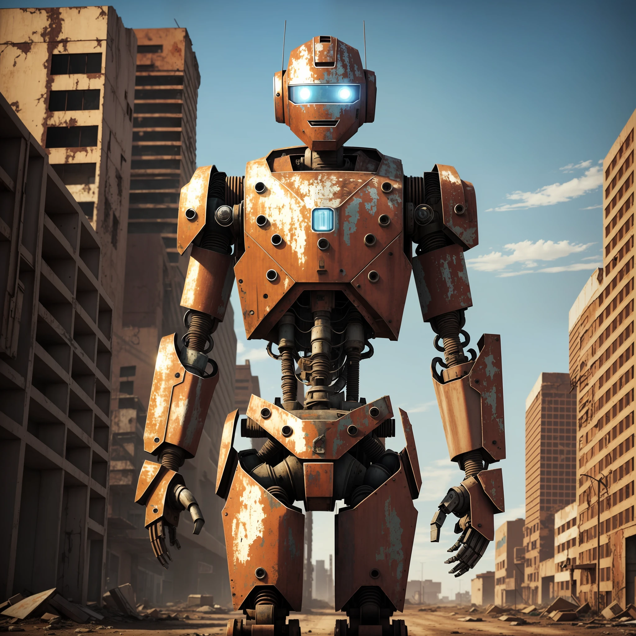 A robot, abandoned in a post-apocalypse city, rusty, worn, weathered paint, rich in detail, 4k, ultra realistic --auto --s2