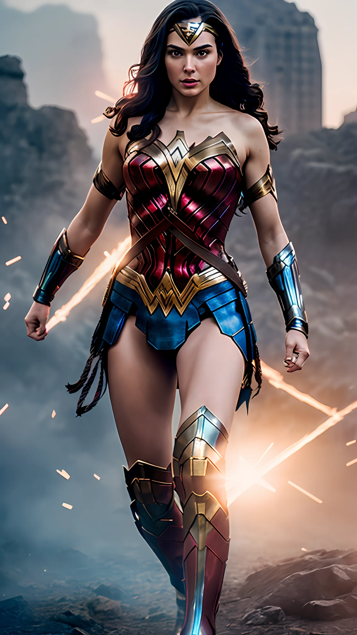 Wonder woman, front, walking, looking at camera, red and blue armor, shield on back, photography, soft lighting, soft details, octane, artstation trend, ultra high detail, ultra realistic, cinematic, 16k