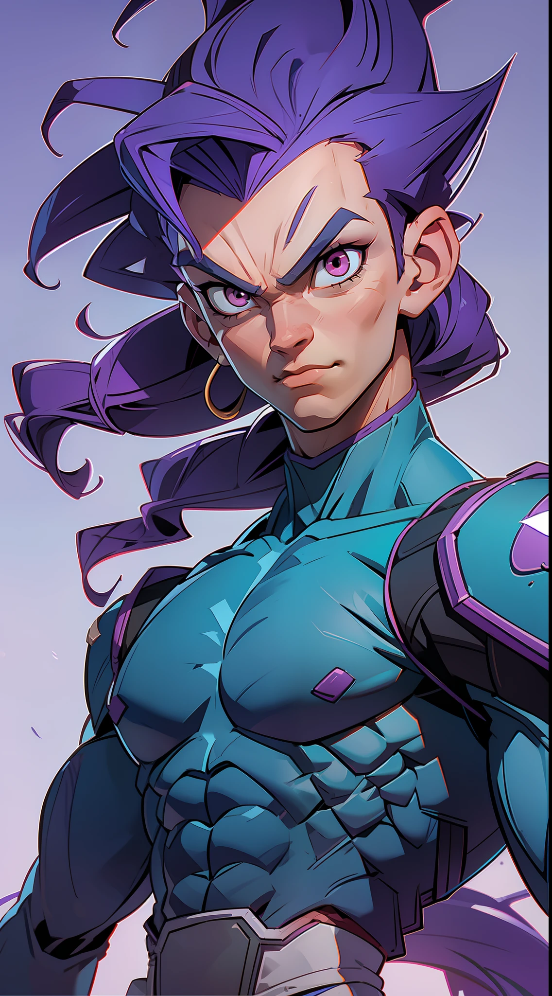 VEGETA dragon ball bodybuilder, beautiful face, serious face, PURPLE hair, red eyes, perfect body, fit body, abs, muscular,blue and white armor