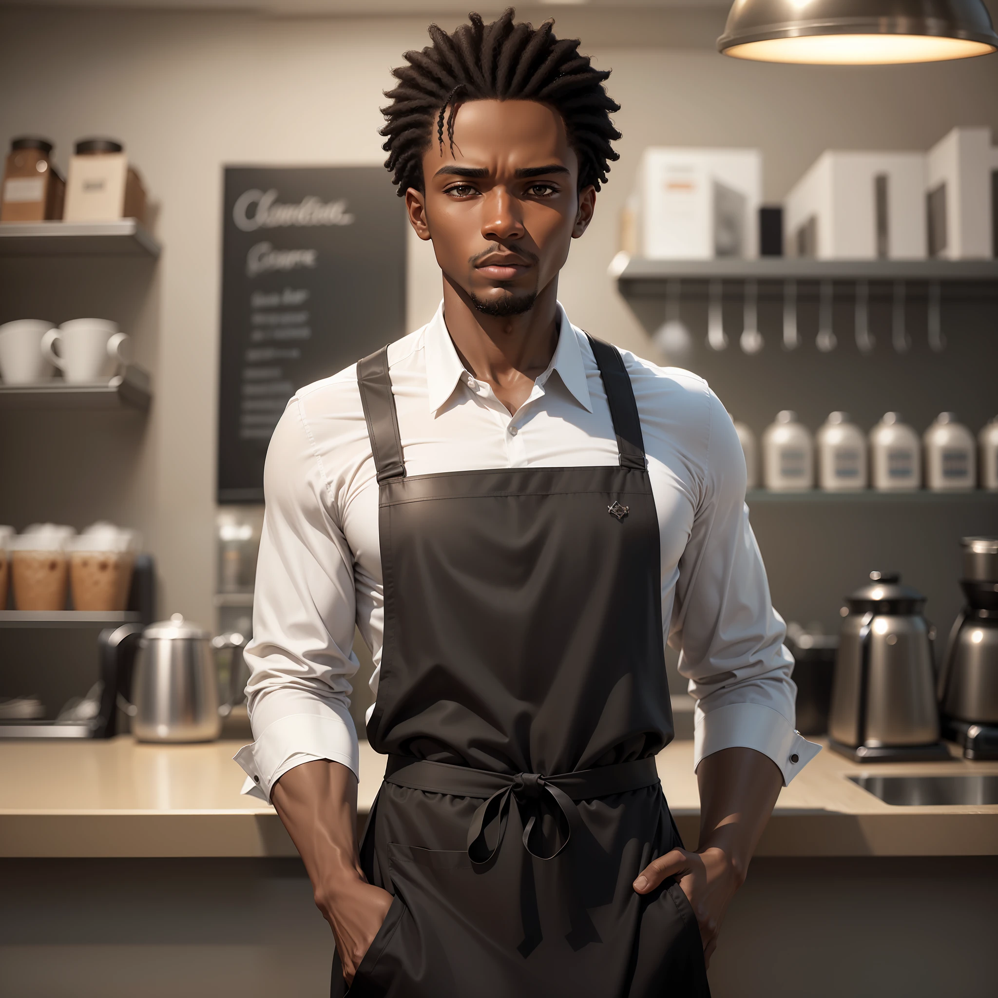 Ultra-realistic image of a young black man, short and stylish hair, with a black cafeteria attendant's apron, white shirt under his apron, grim expression, standing in a coffee shop