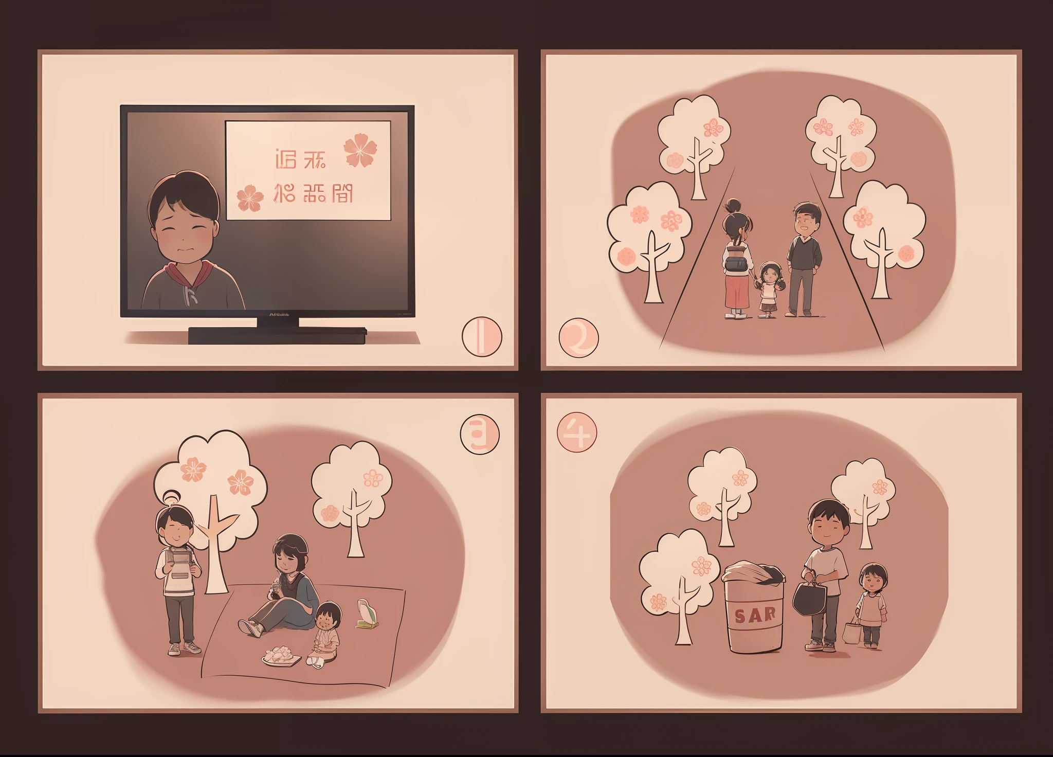 Generates four black-and-white line draft images. In the first picture, the TV broadcast the news that the cherry blossoms would be in full bloom on the weekend. In the second picture, parents take their children to the park and enjoy the cherry blossoms. The third photo shows a parent and child picnicking together under a cherry blossom tree and a mother taking a photo with her camera. In the fourth picture, dad and children pick up garbage and throw it on the raj --auto --s2